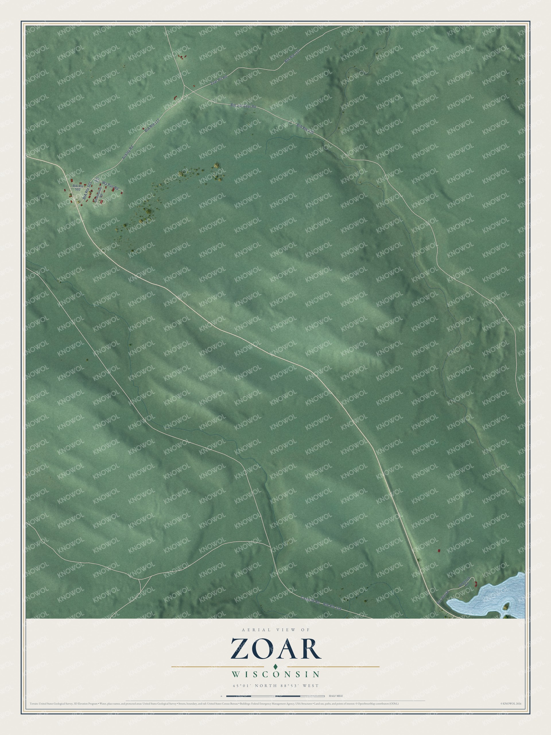 Full map of Zoar, Wisconsin, with red buildings, printed street names and the land around them