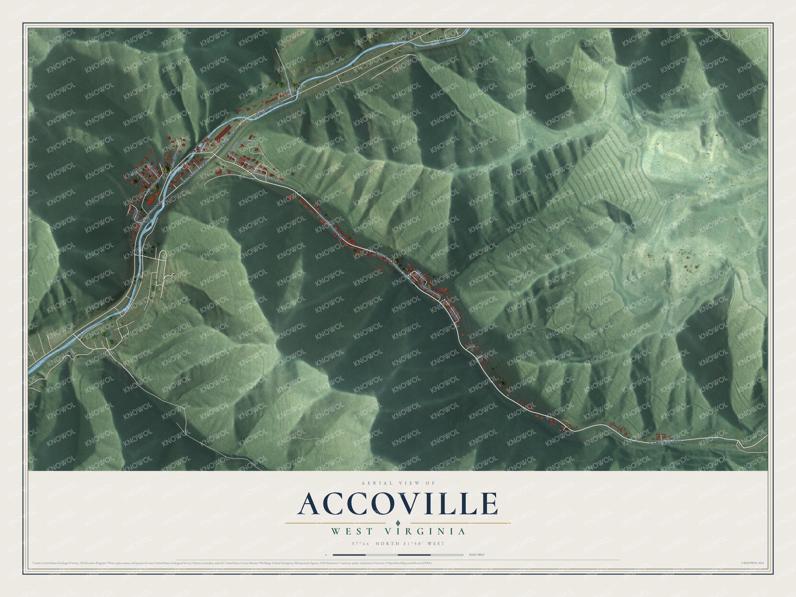 Full map of Accoville, West Virginia, with red buildings, printed street names and the land around them