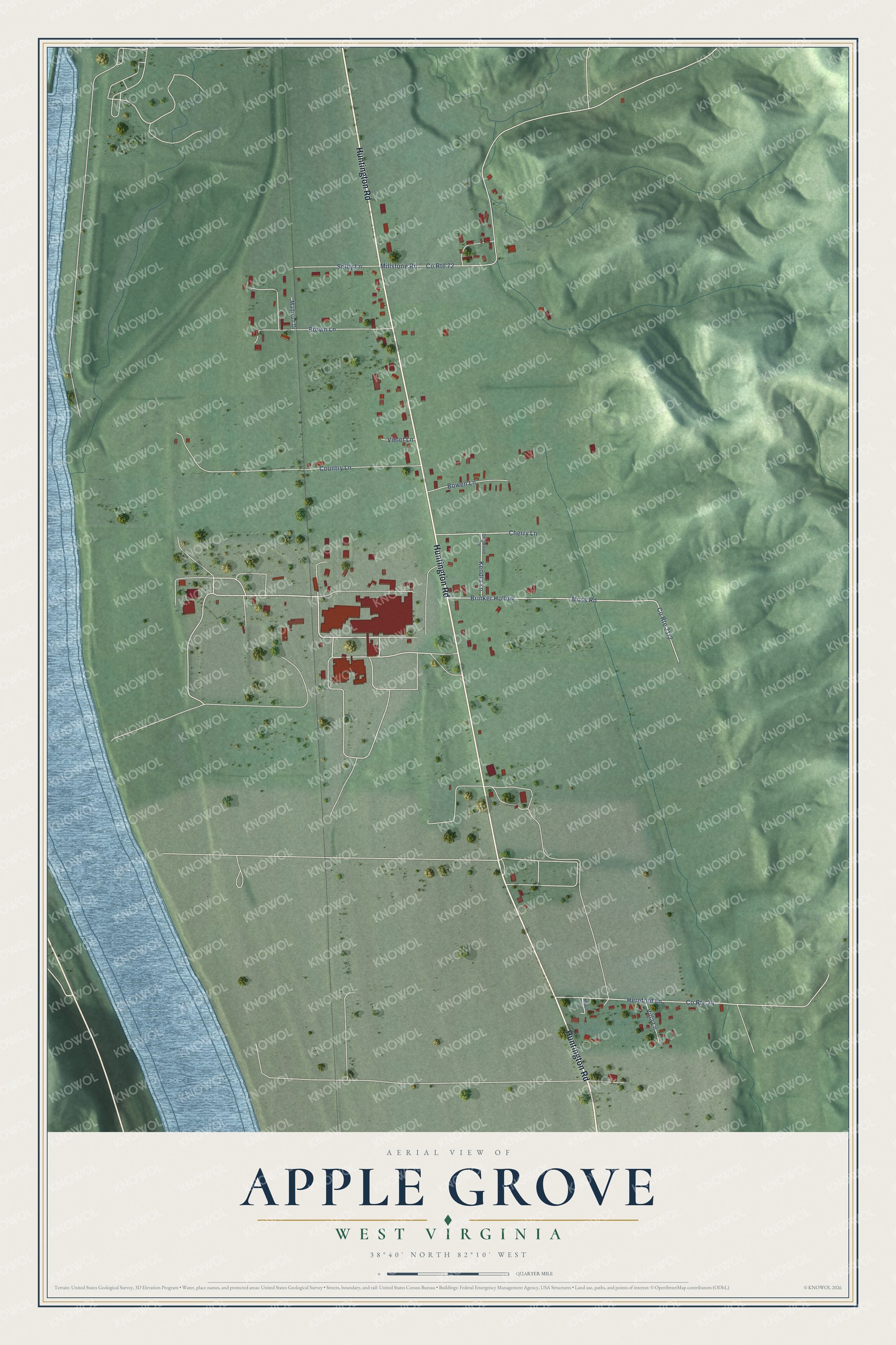 Full map of Apple Grove, West Virginia, with red buildings, printed street names and the land around them