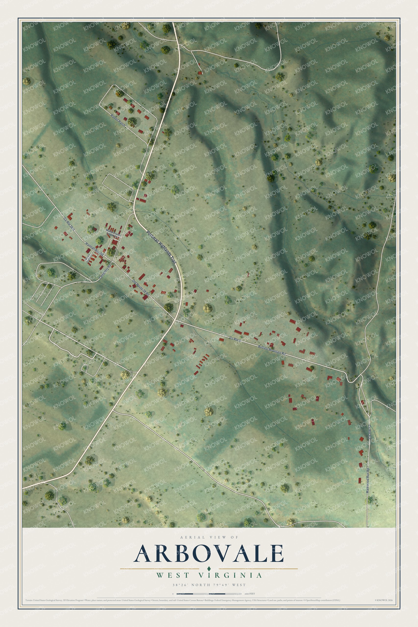 Full map of Arbovale, West Virginia, with red buildings, printed street names and the land around them