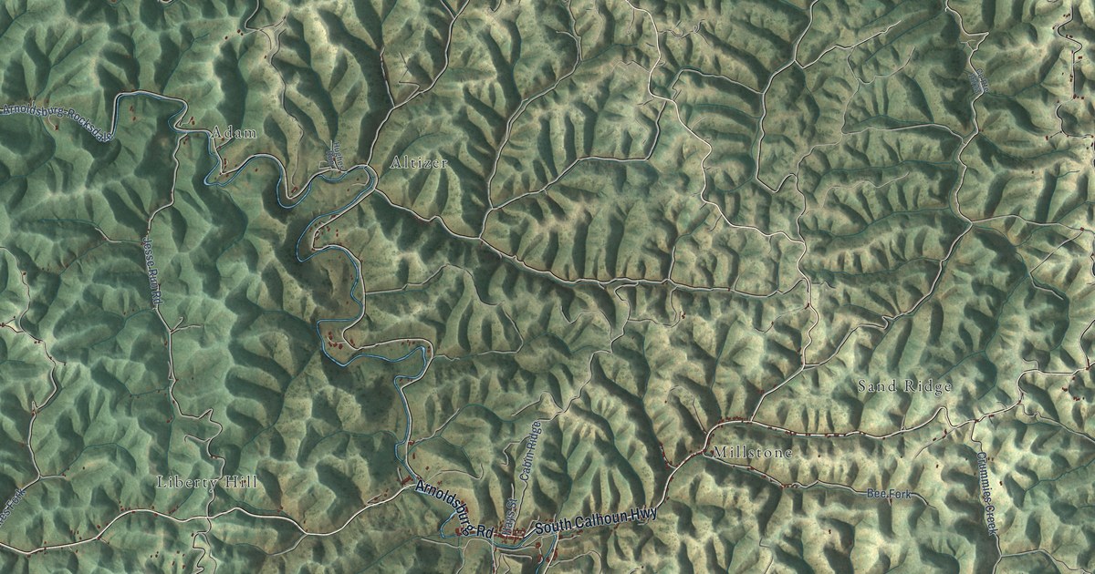Close-up of streets and buildings in Arnoldsburg, West Virginia