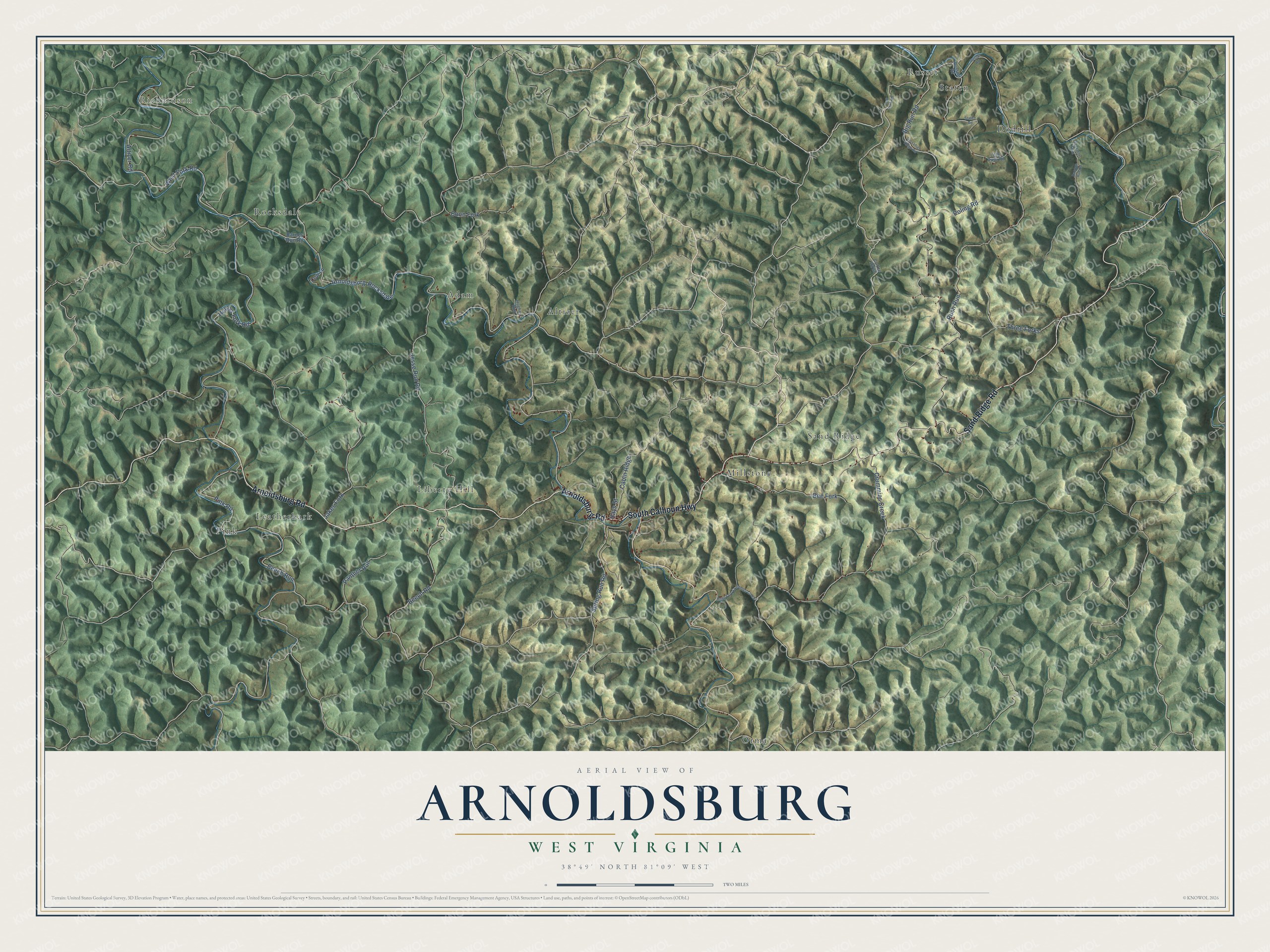 Full map of Arnoldsburg, West Virginia, with red buildings, printed street names and the land around them