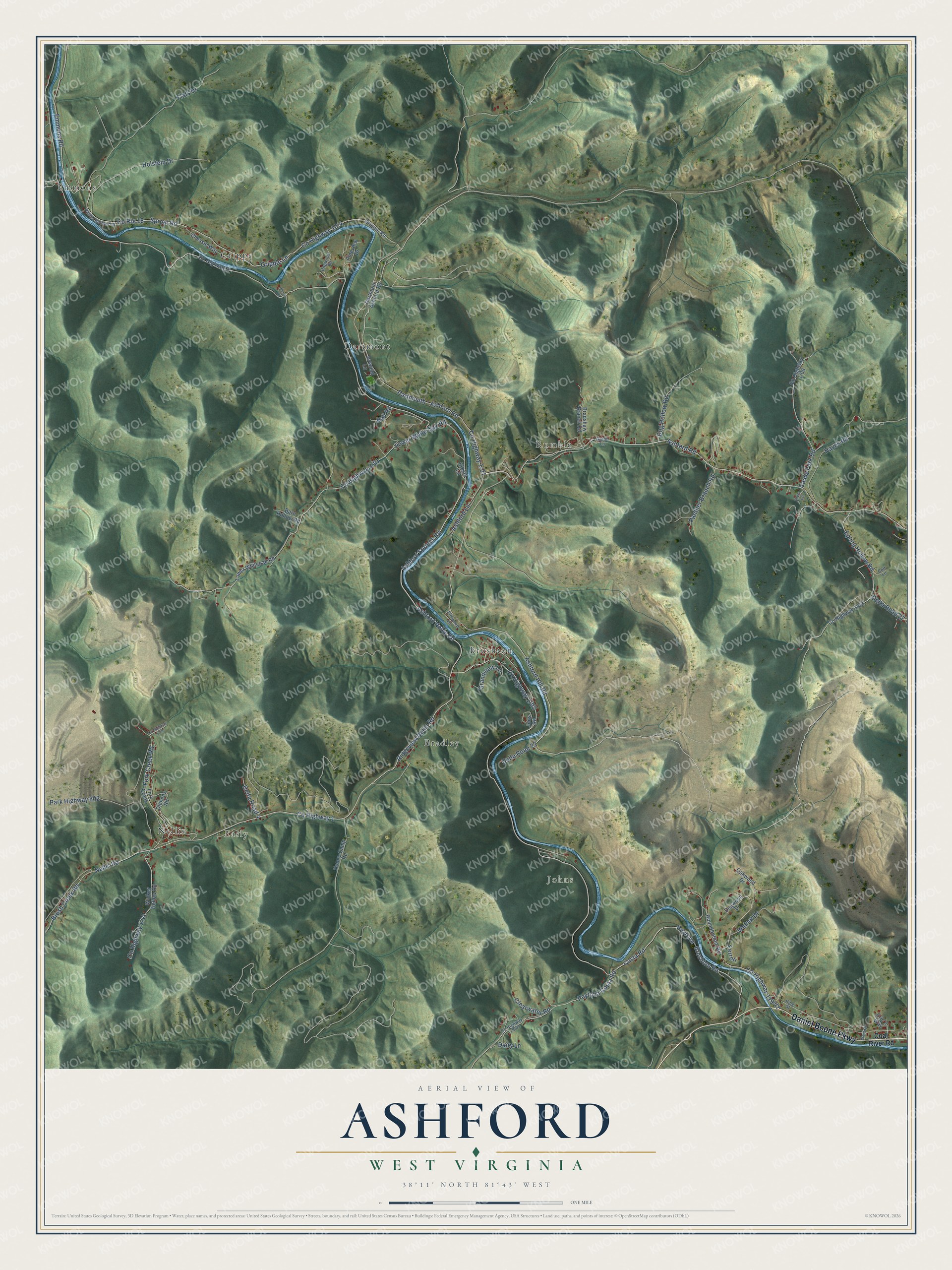 Full map of Ashford, West Virginia, with red buildings, printed street names and the land around them