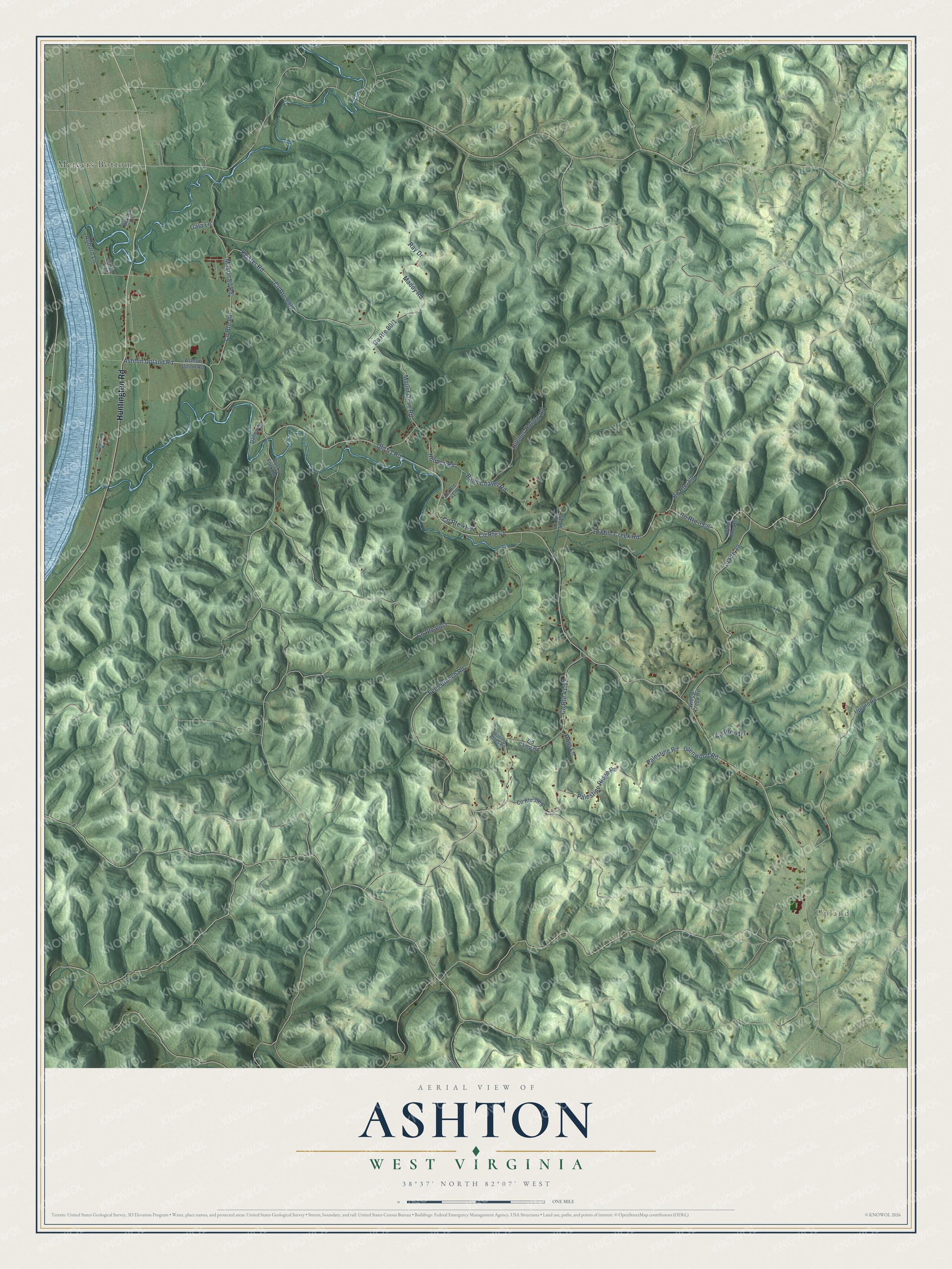 Full map of Ashton, West Virginia, with red buildings, printed street names and the land around them