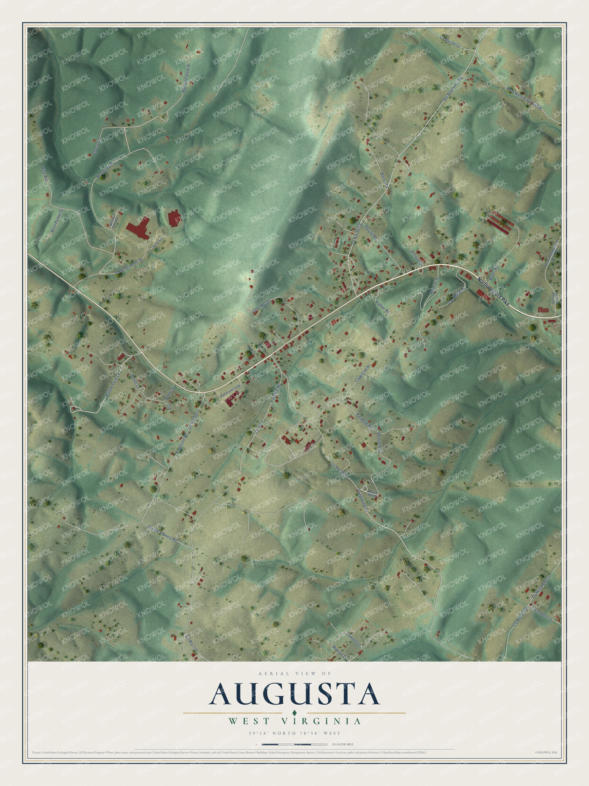 Full map of Augusta, West Virginia, with red buildings, printed street names and the land around them