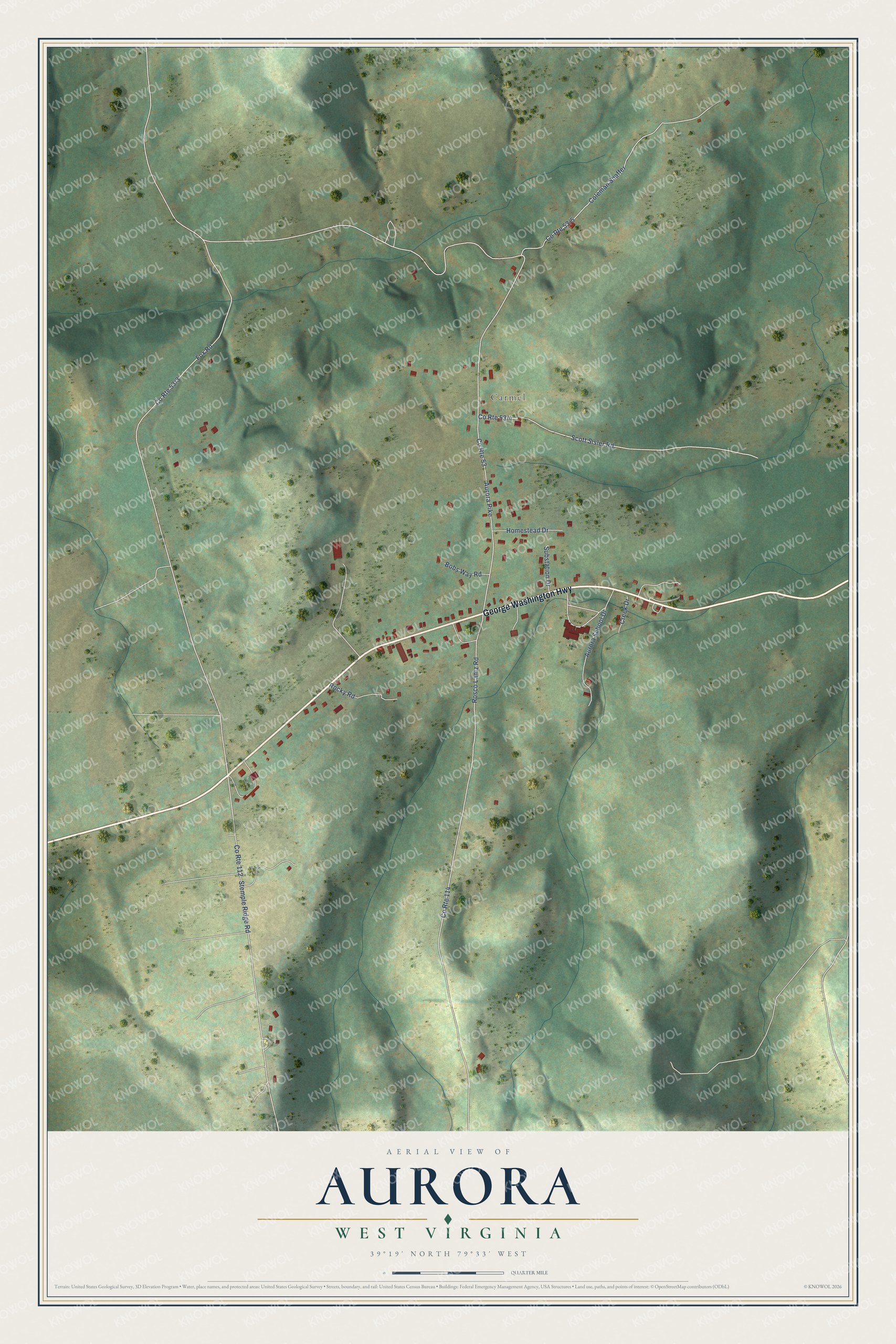 Full map of Aurora, West Virginia, with red buildings, printed street names and the land around them