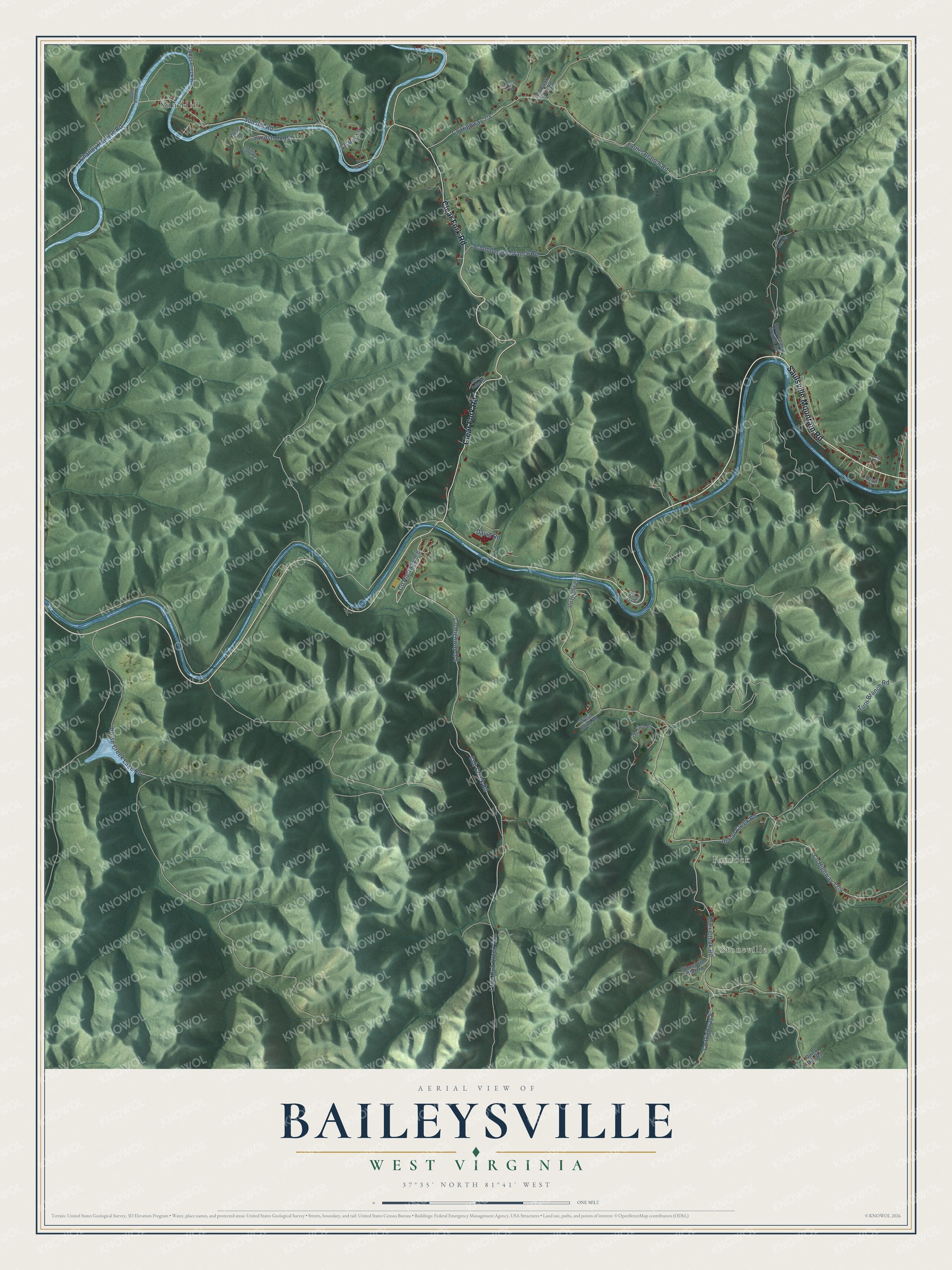 Full map of Baileysville, West Virginia, with red buildings, printed street names and the land around them