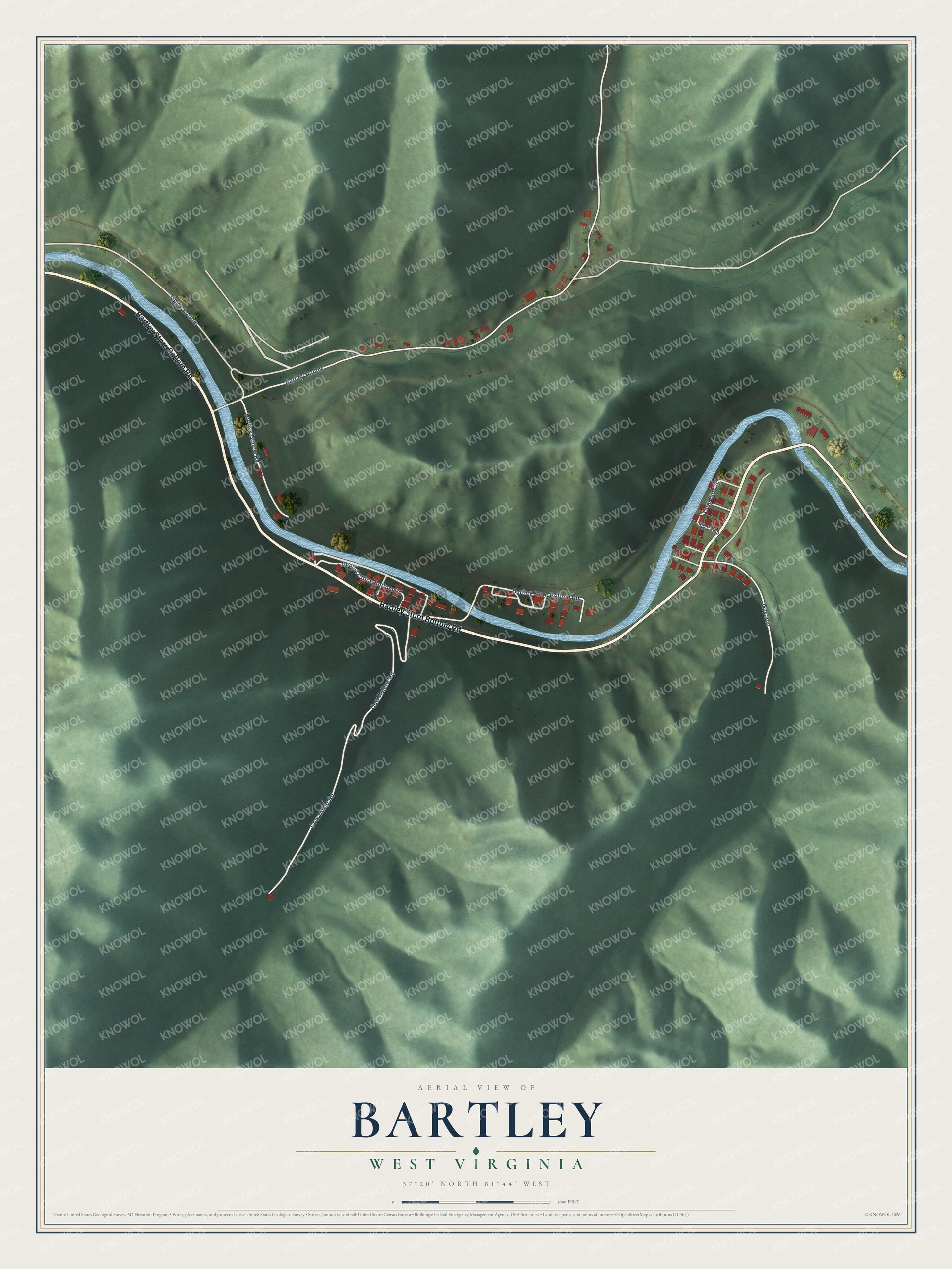 Full map of Bartley, West Virginia, with red buildings, printed street names and the land around them