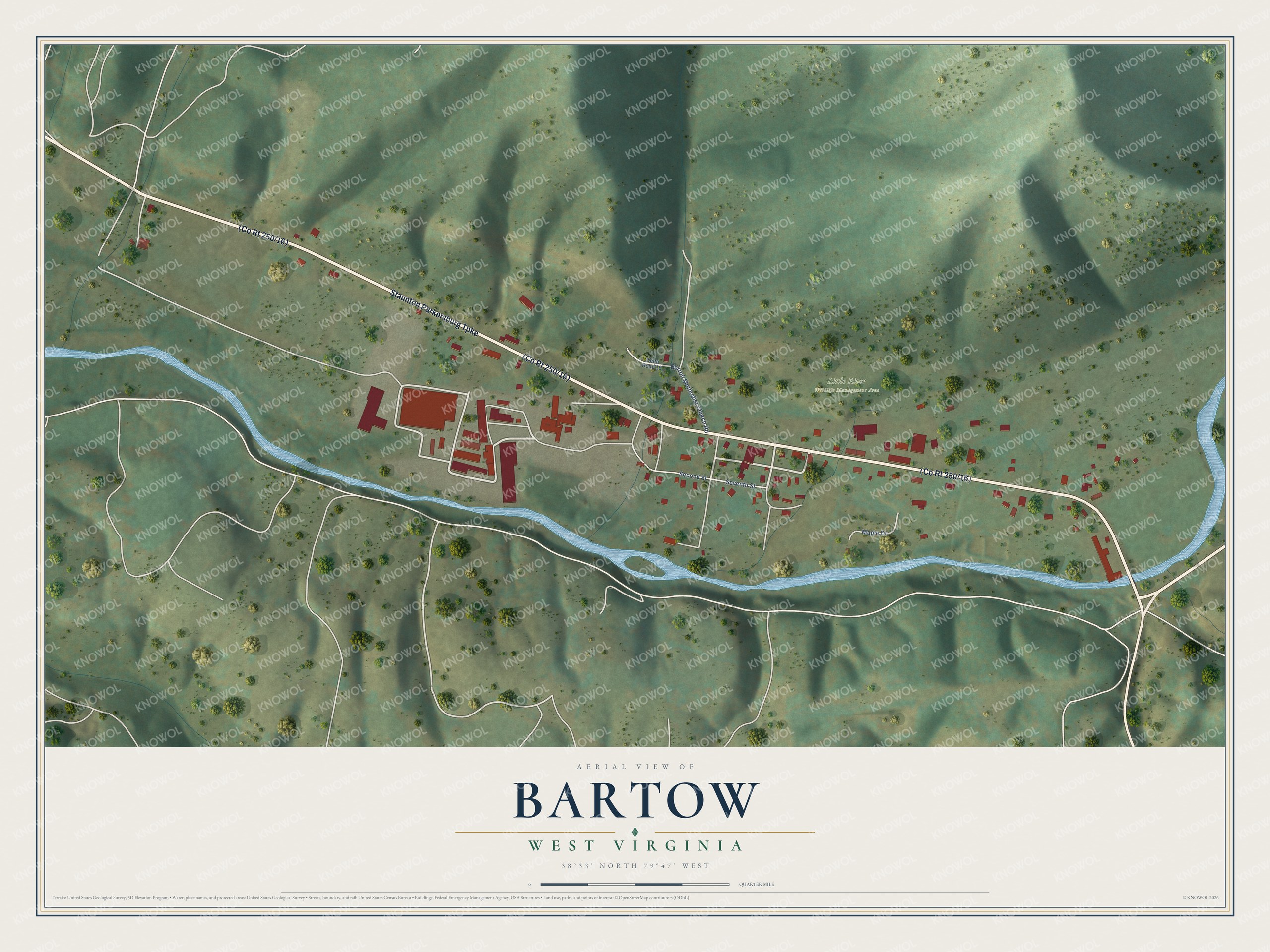 Full map of Bartow, West Virginia, with red buildings, printed street names and the land around them