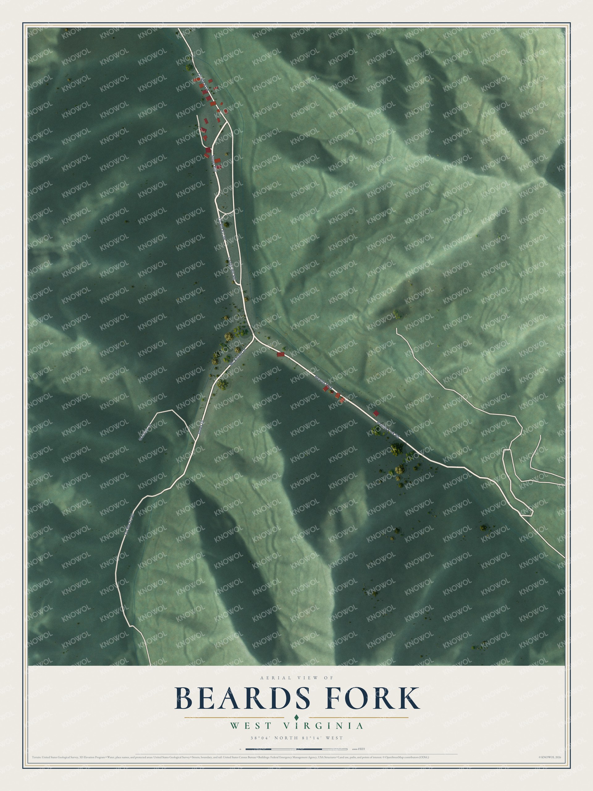 Full map of Beards Fork, West Virginia, with red buildings, printed street names and the land around them