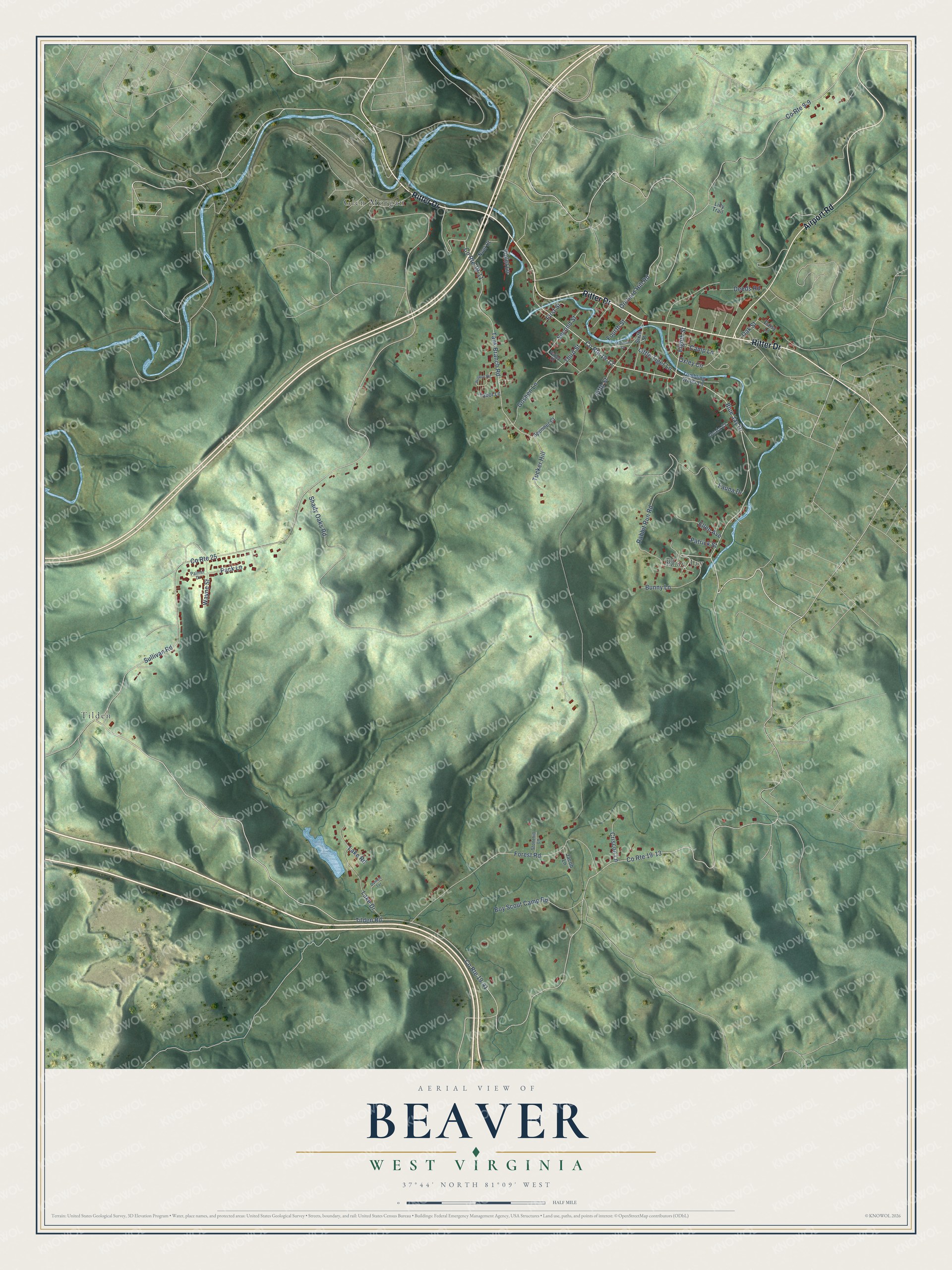 Full map of Beaver, West Virginia, with red buildings, printed street names and the land around them