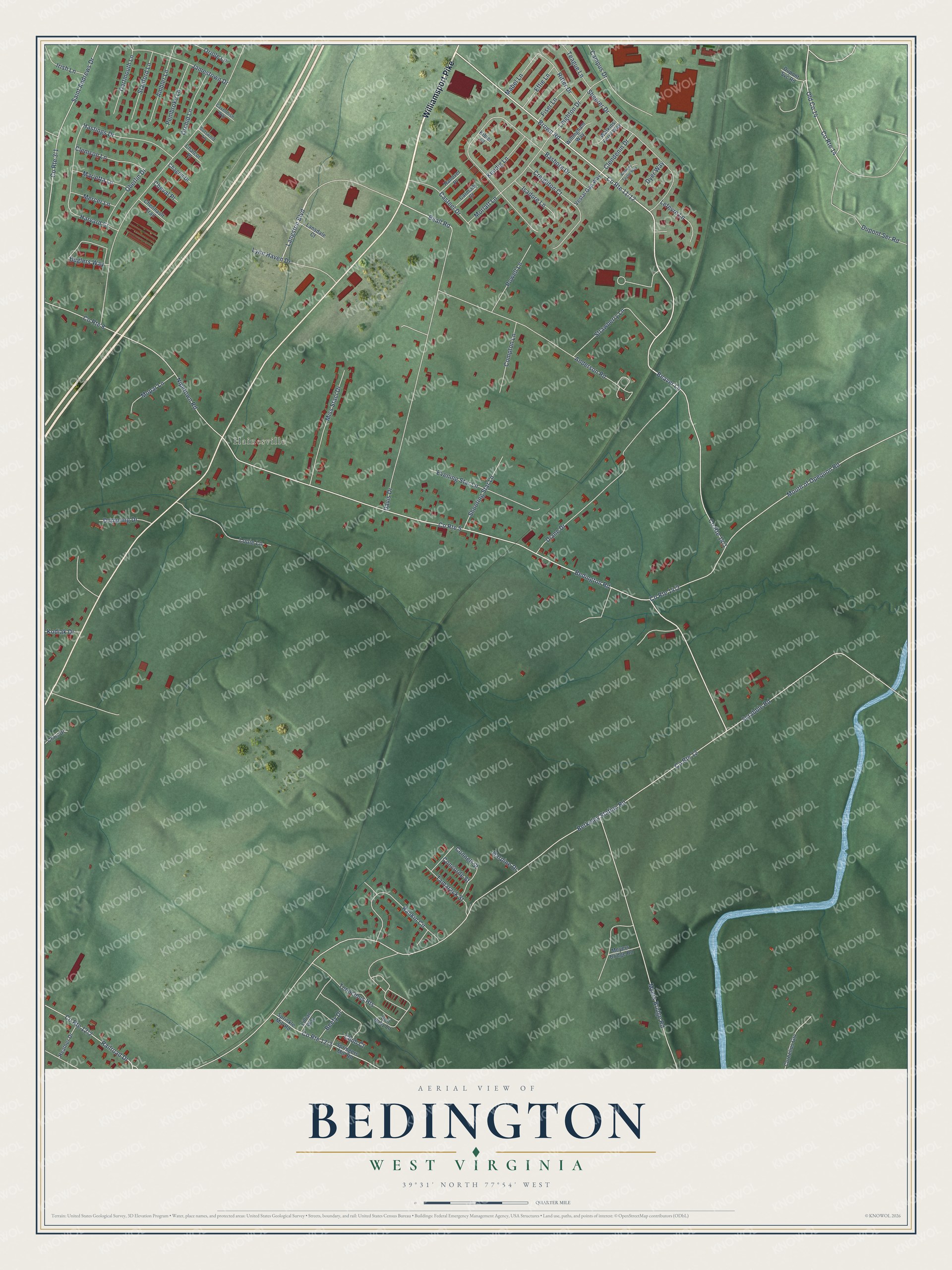 Full map of Bedington, West Virginia, with red buildings, printed street names and the land around them