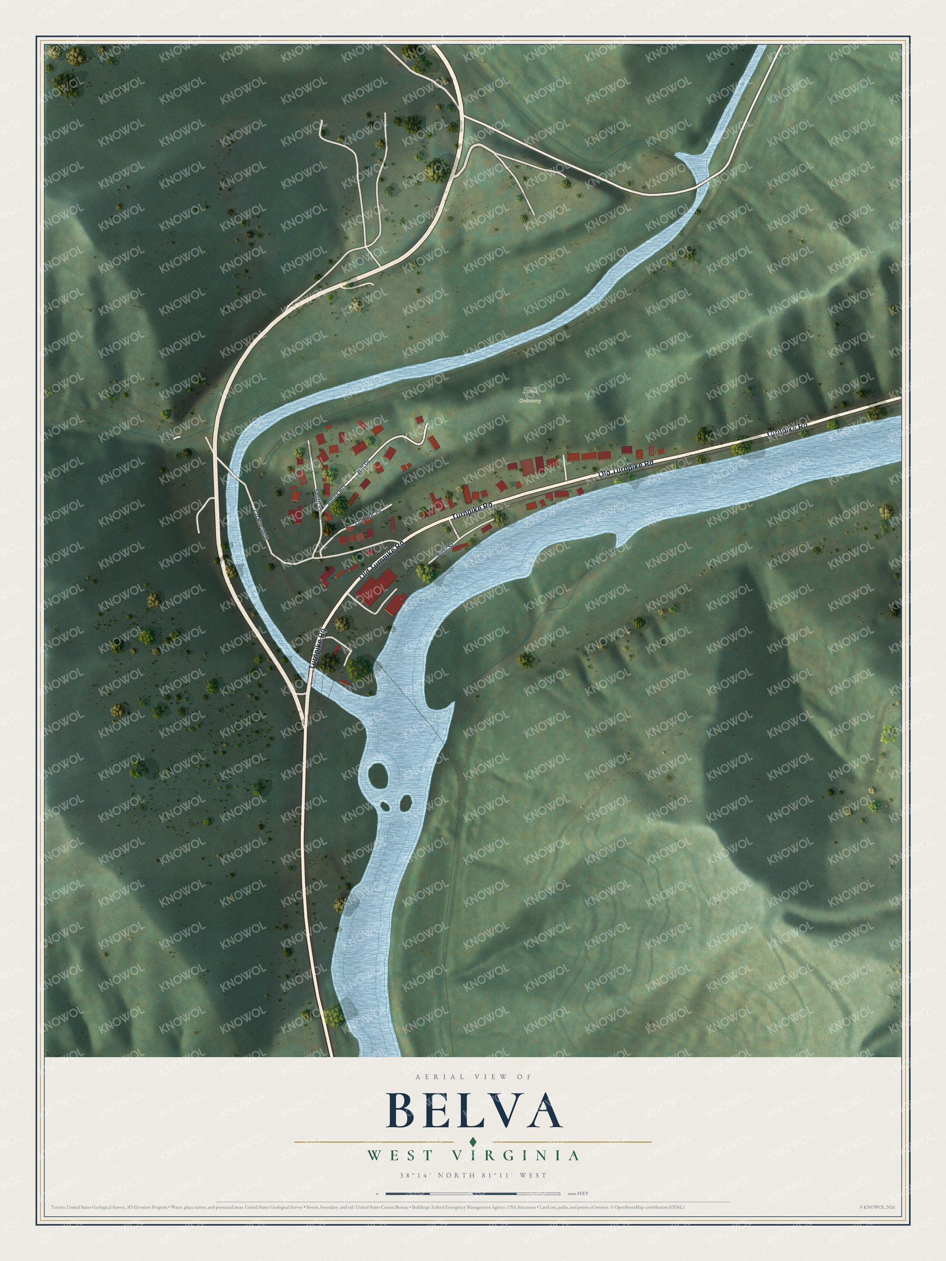 Full map of Belva, West Virginia, with red buildings, printed street names and the land around them