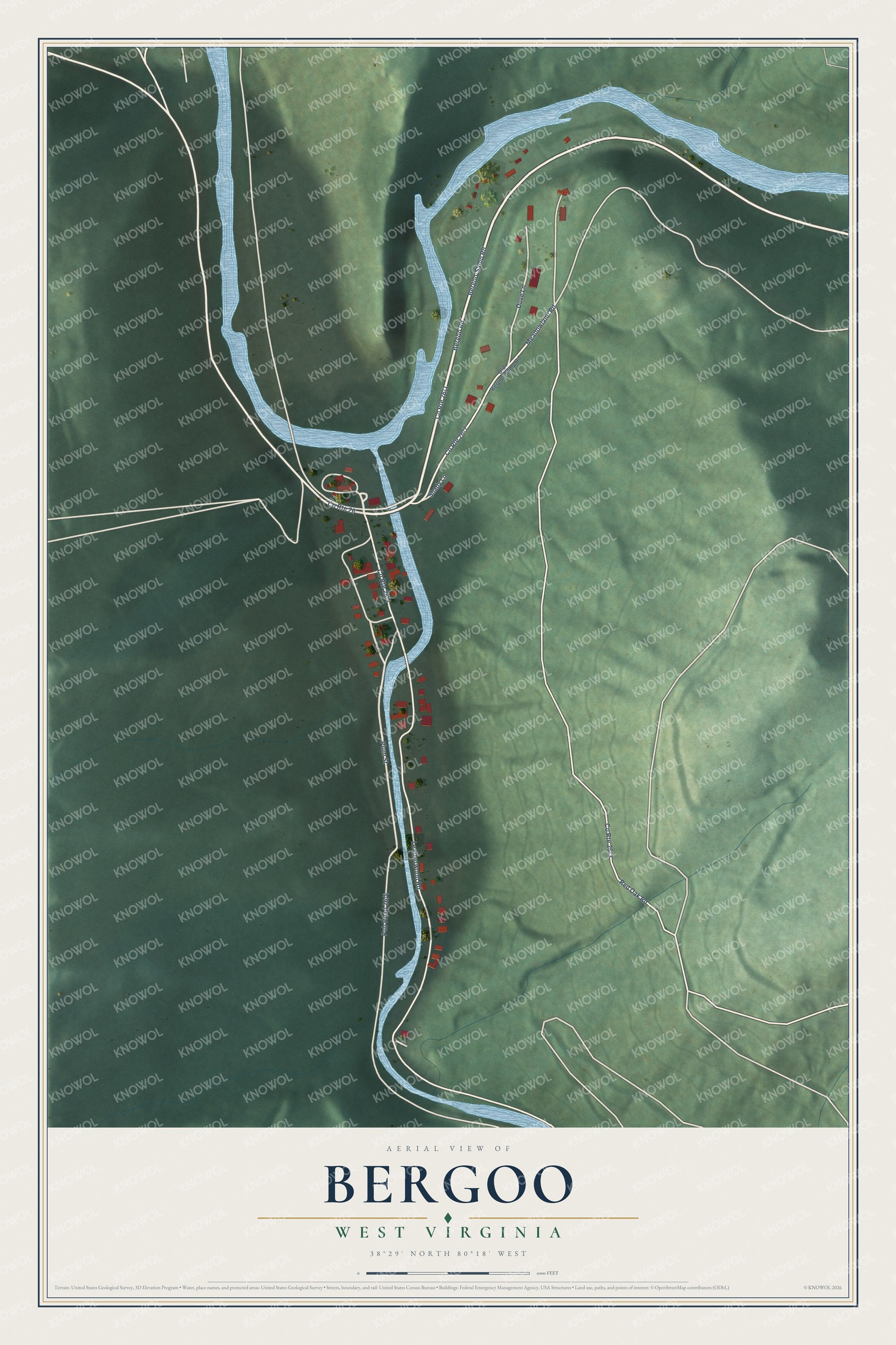 Full map of Bergoo, West Virginia, with red buildings, printed street names and the land around them