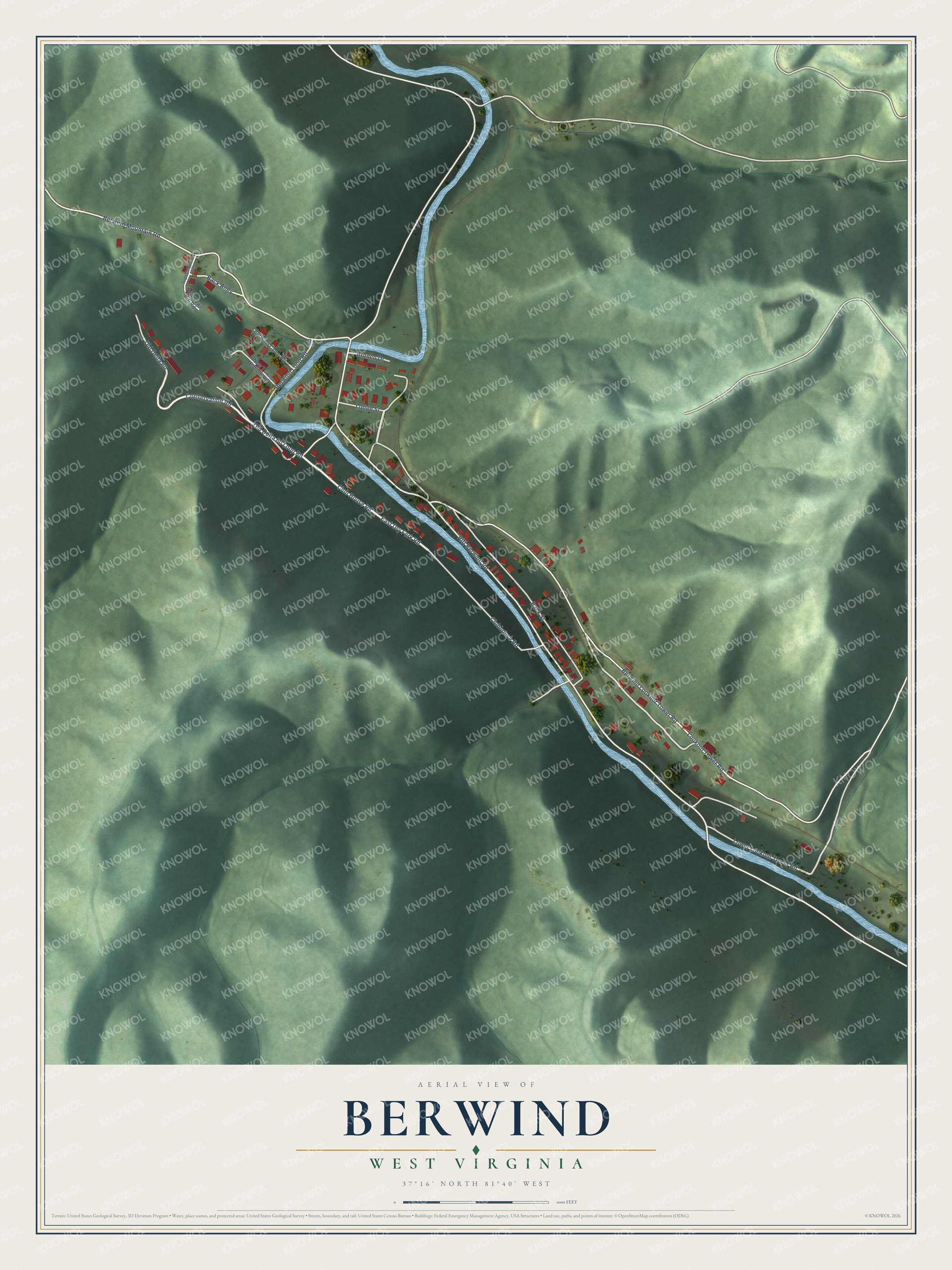 Full map of Berwind, West Virginia, with red buildings, printed street names and the land around them