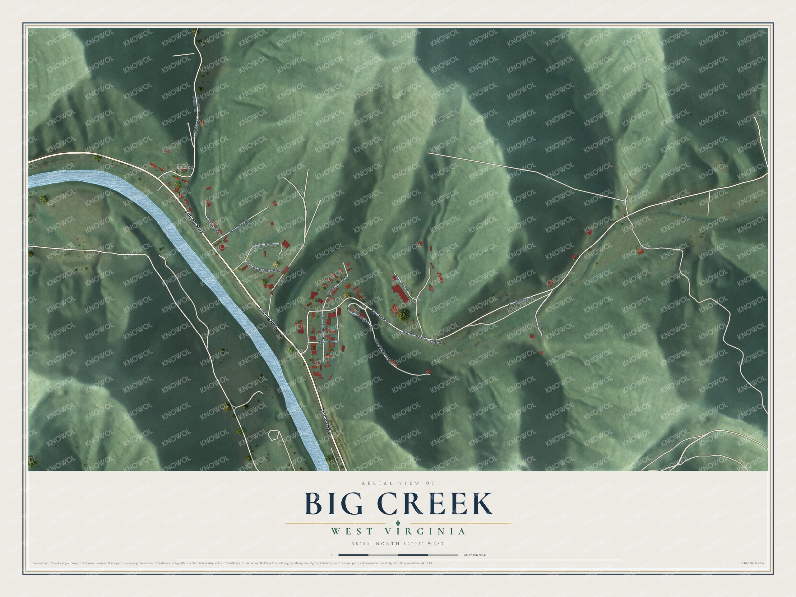 Full map of Big Creek, West Virginia, with red buildings, printed street names and the land around them