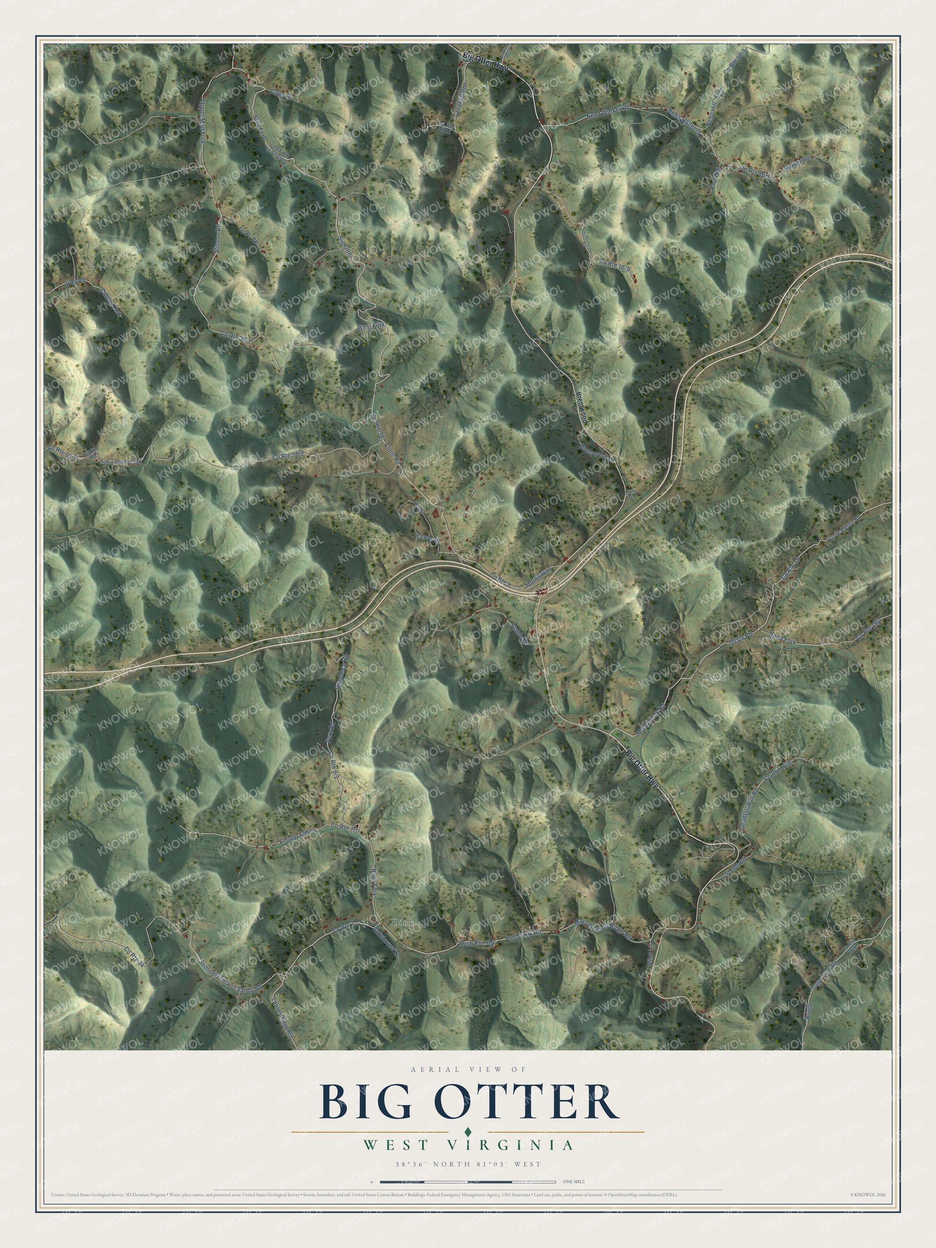 Full map of Big Otter, West Virginia, with red buildings, printed street names and the land around them