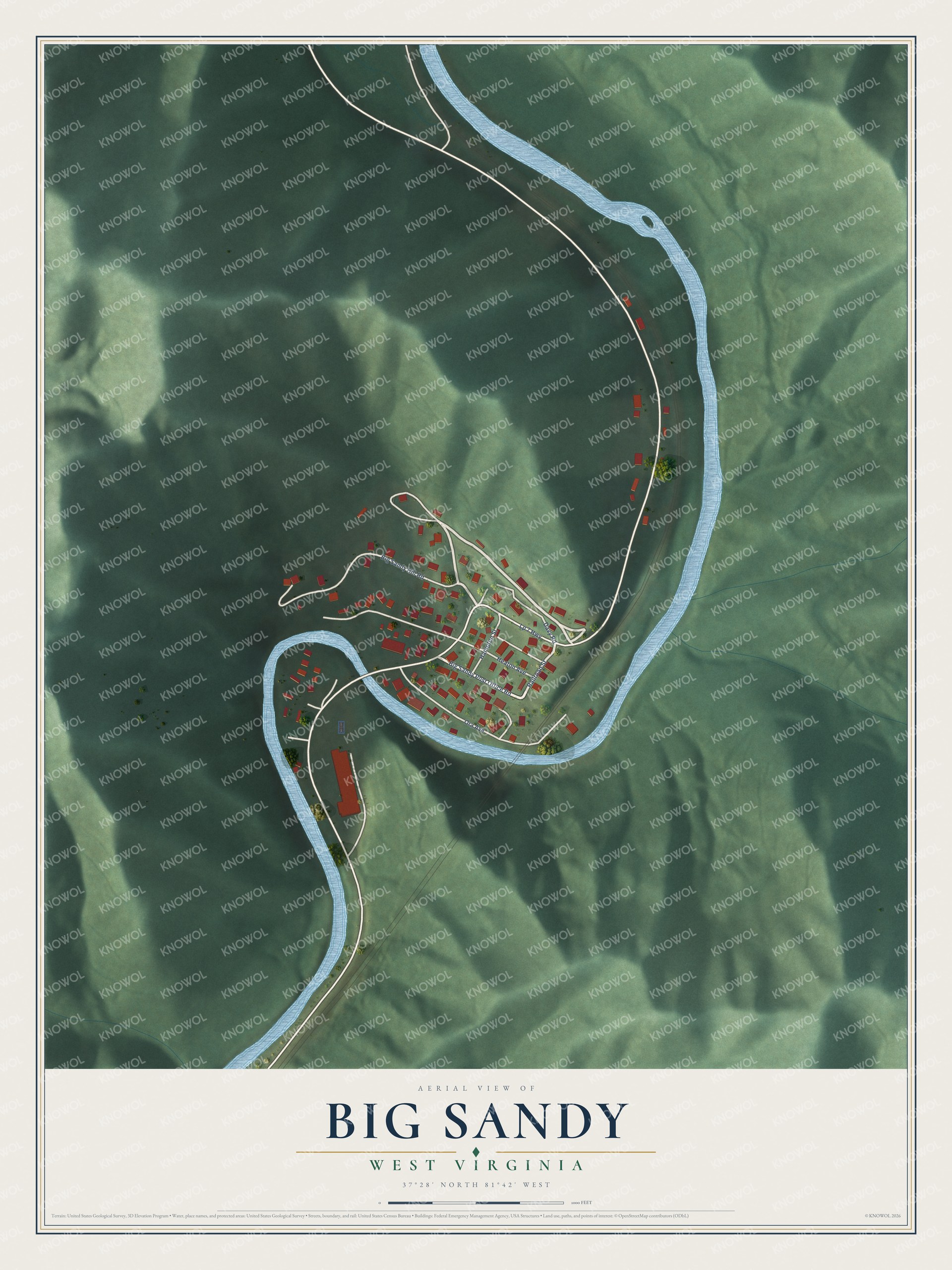 Full map of Big Sandy, West Virginia, with red buildings, printed street names and the land around them