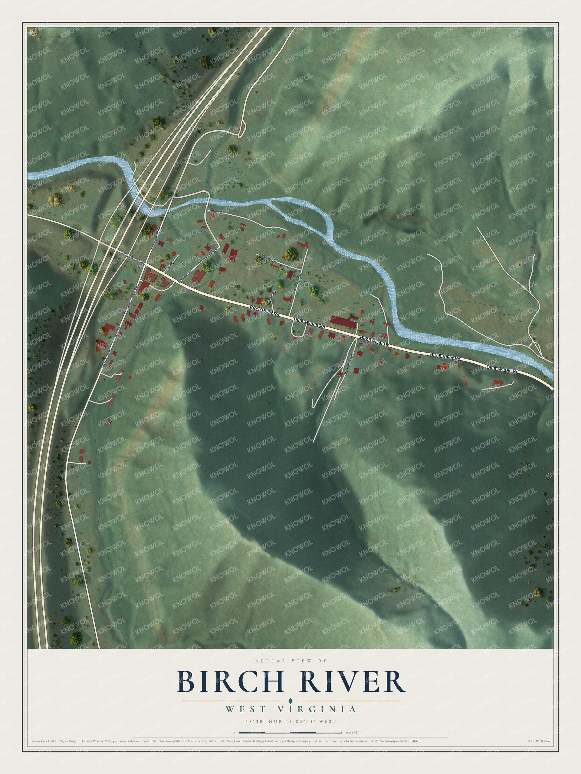 Full map of Birch River, West Virginia, with red buildings, printed street names and the land around them