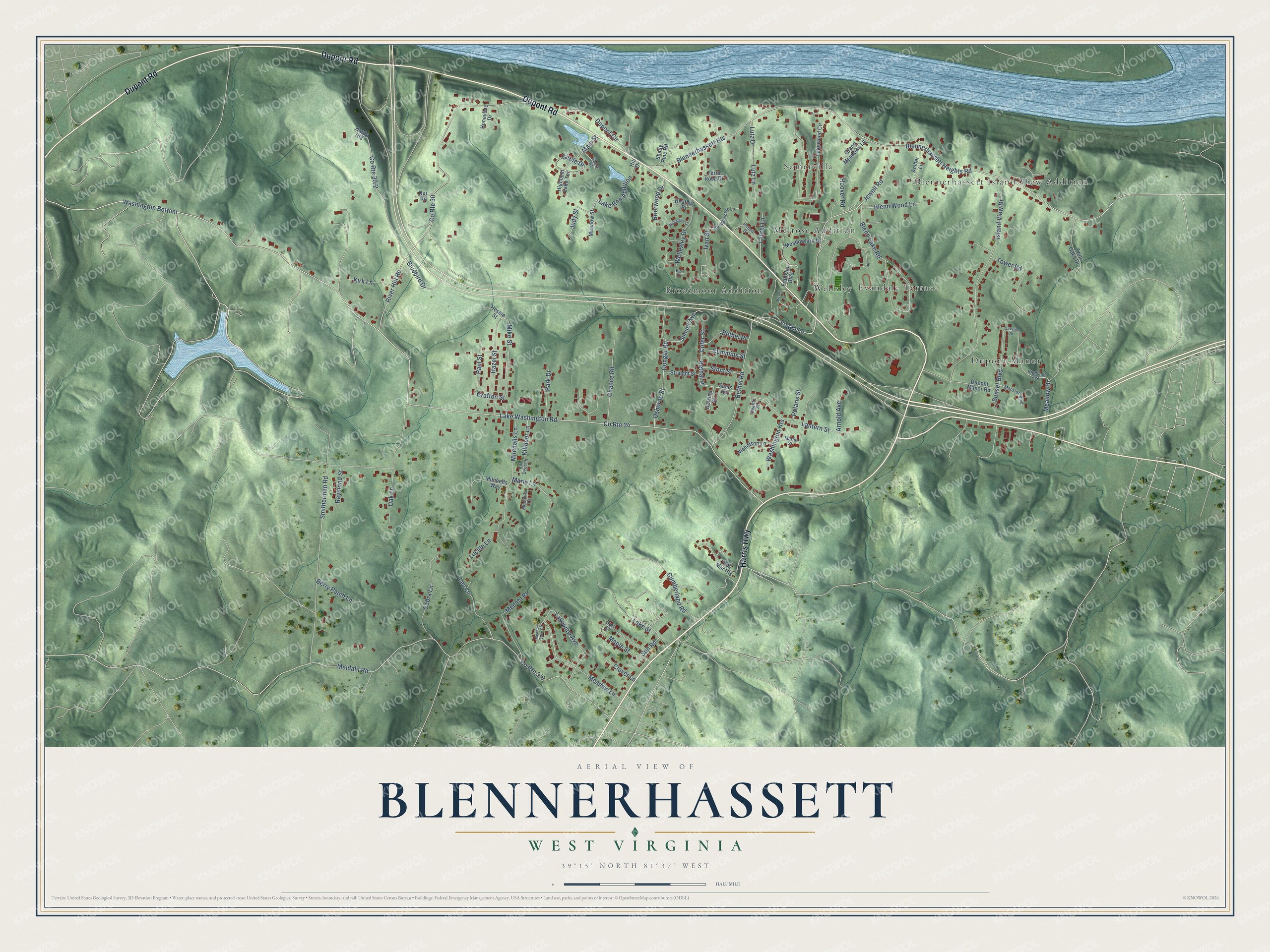 Full map of Blennerhassett, West Virginia, with red buildings, printed street names and the land around them