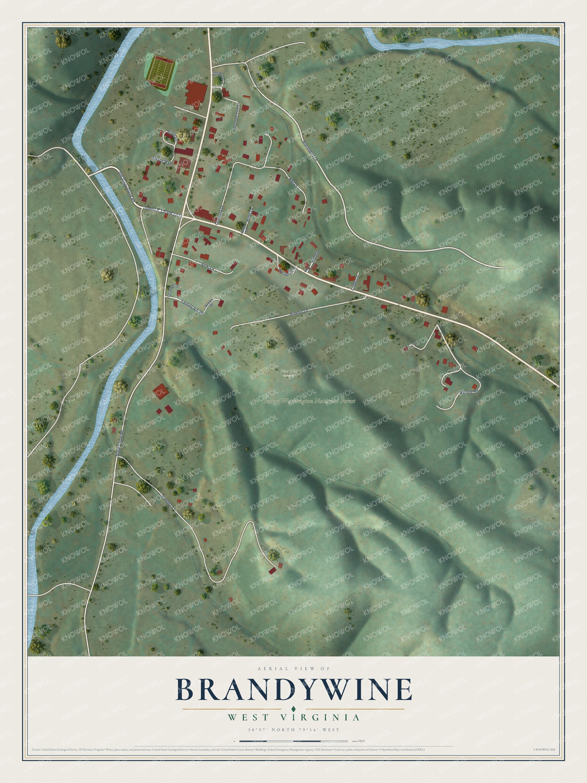 Full map of Brandywine, West Virginia, with red buildings, printed street names and the land around them