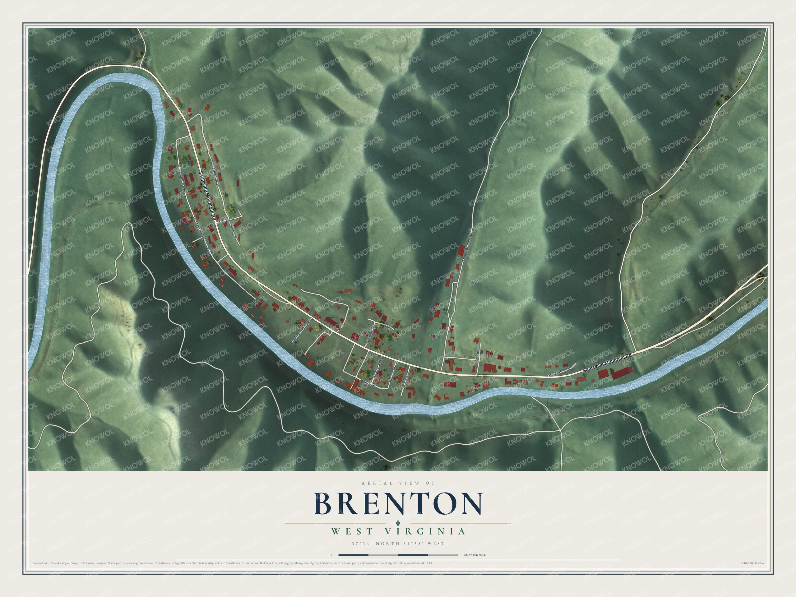 Full map of Brenton, West Virginia, with red buildings, printed street names and the land around them