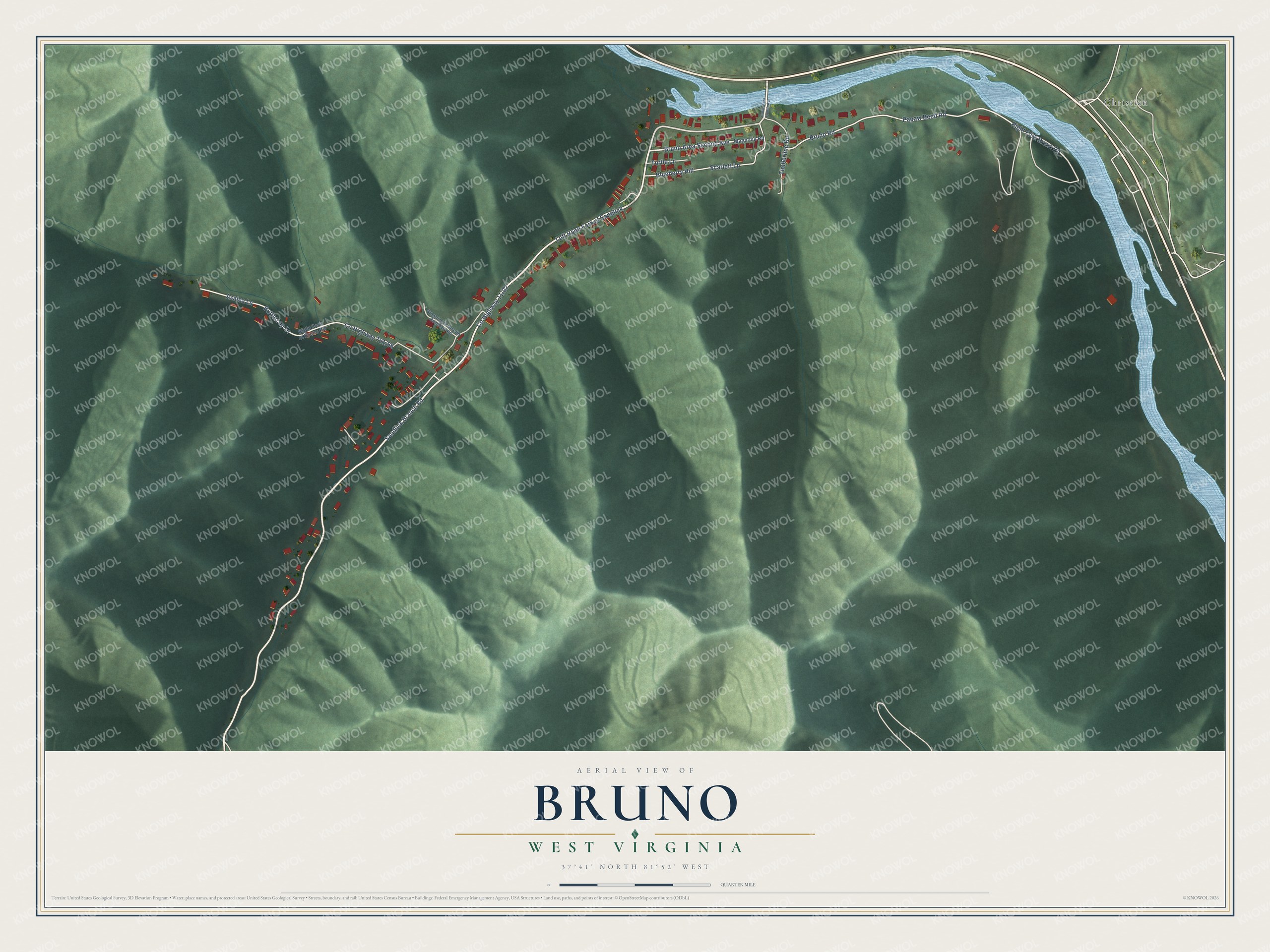 Full map of Bruno, West Virginia, with red buildings, printed street names and the land around them