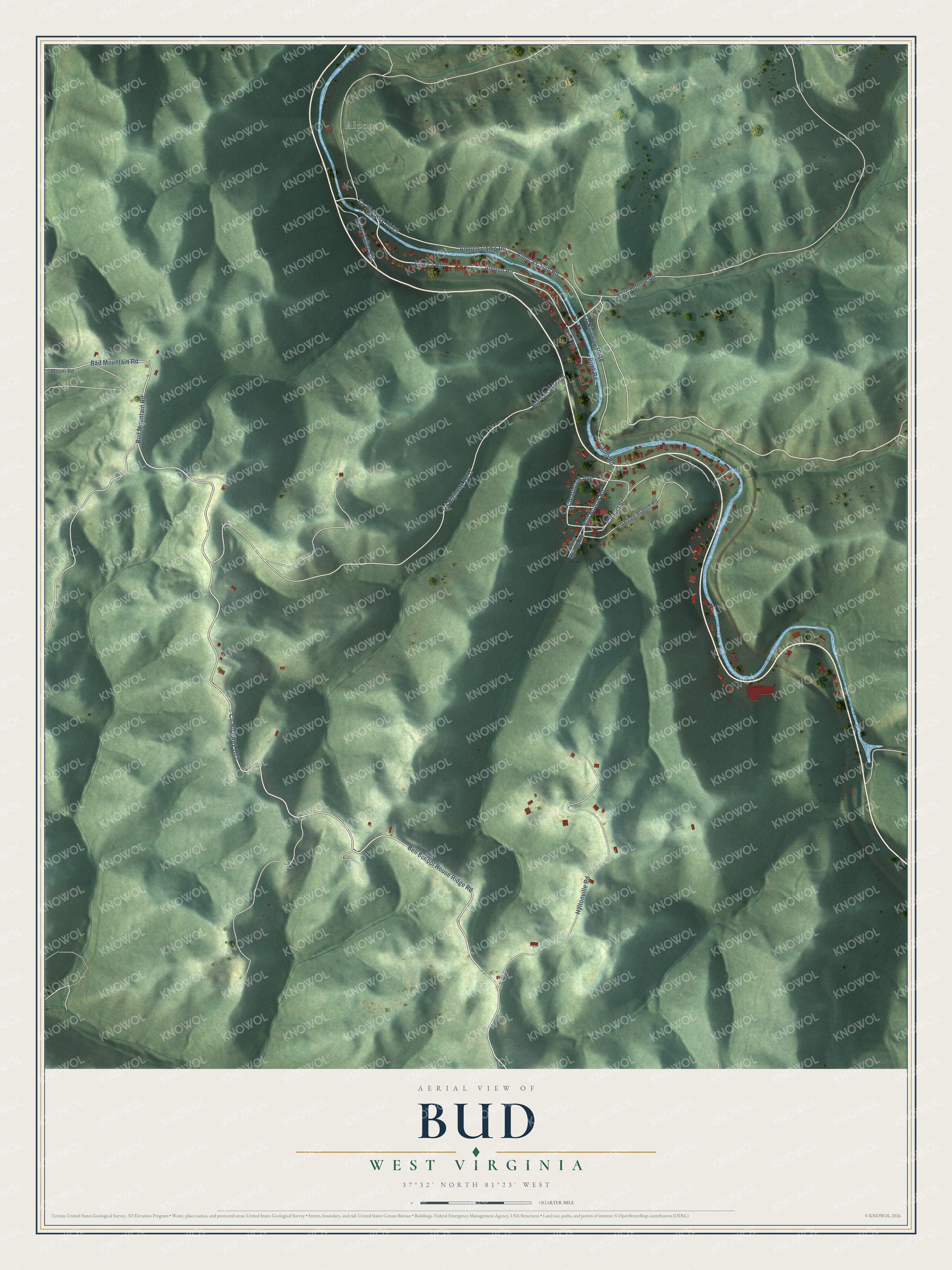 Full map of Bud, West Virginia, with red buildings, printed street names and the land around them