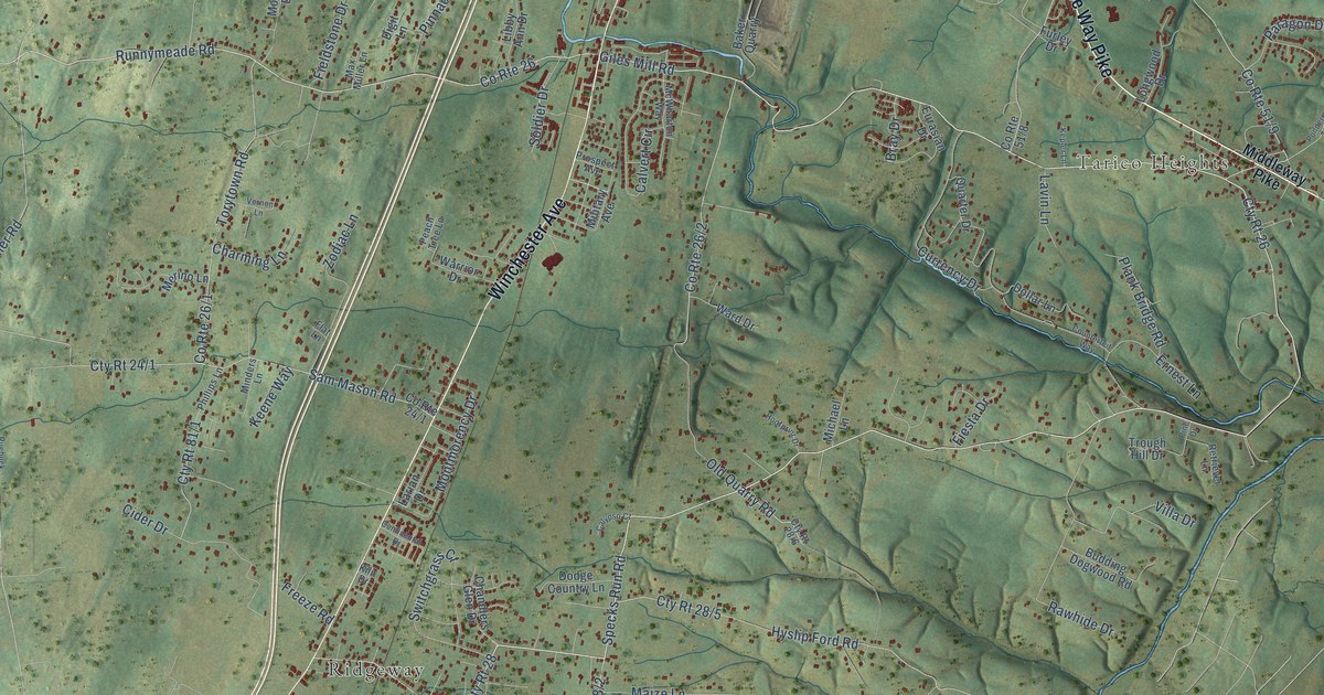Close-up of streets and buildings in Bunker Hill, West Virginia