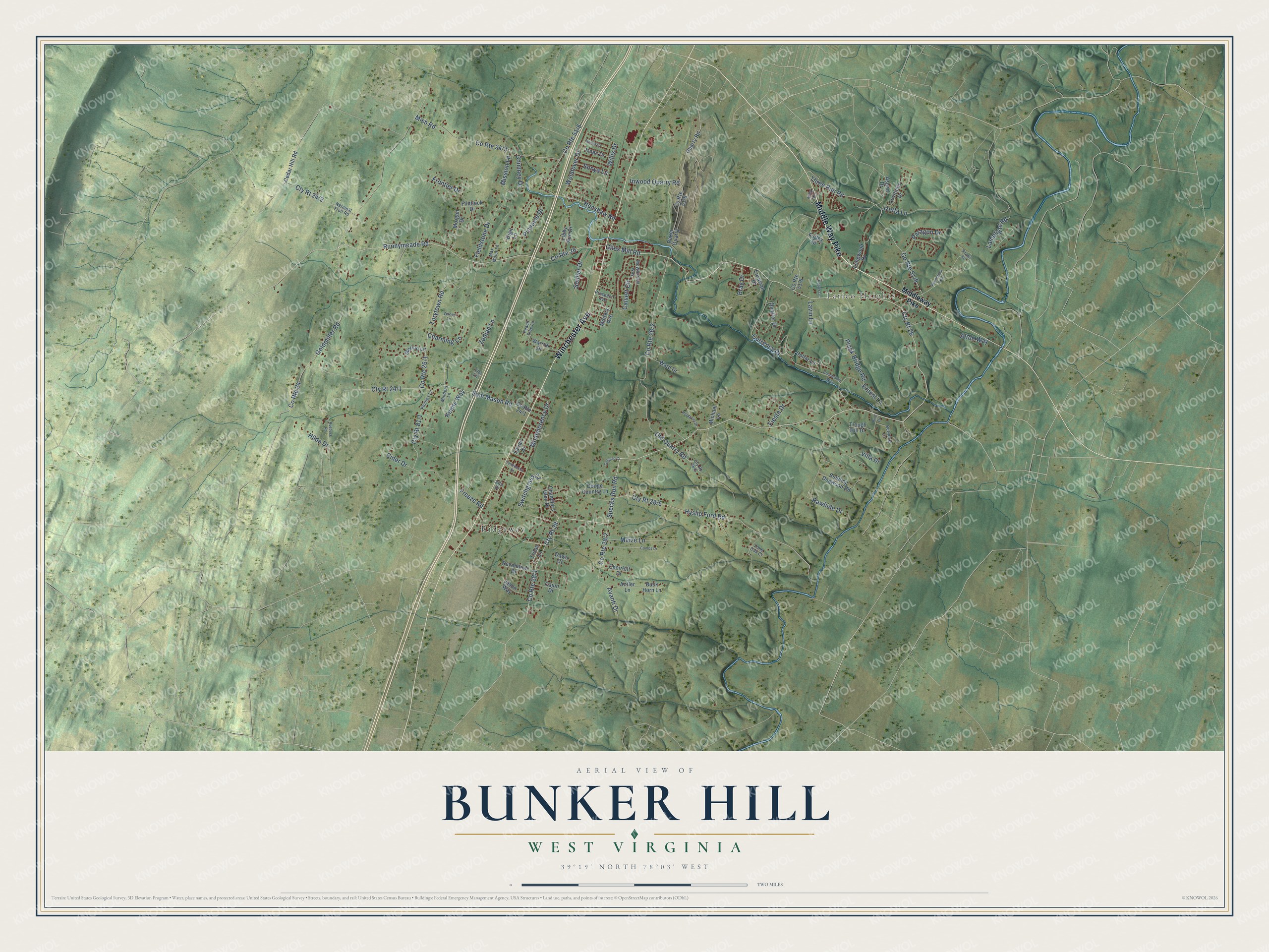 Full map of Bunker Hill, West Virginia, with red buildings, printed street names and the land around them