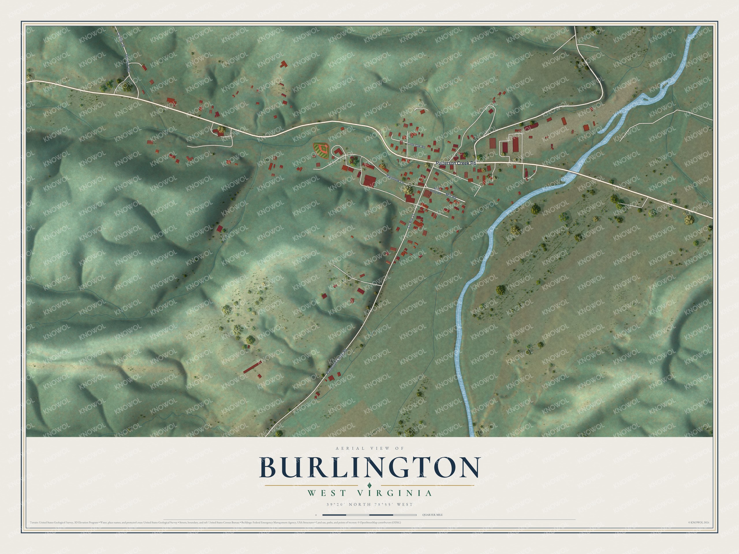 Full map of Burlington, West Virginia, with red buildings, printed street names and the land around them