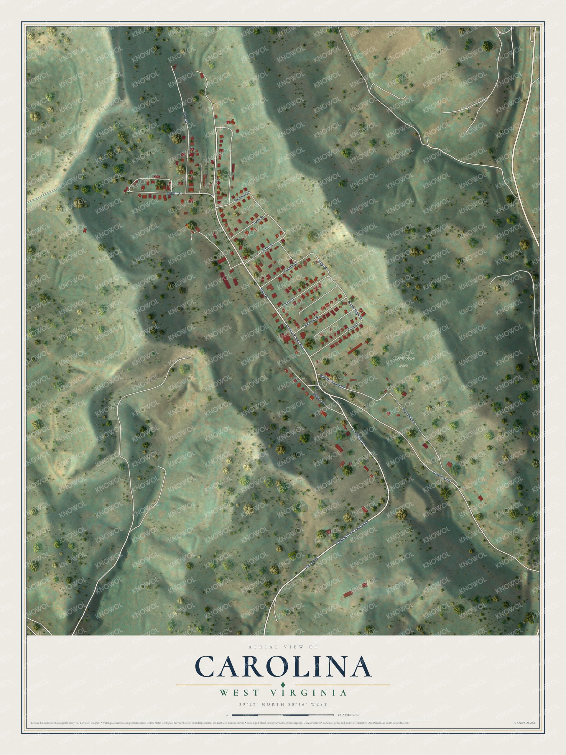 Full map of Carolina, West Virginia, with red buildings, printed street names and the land around them