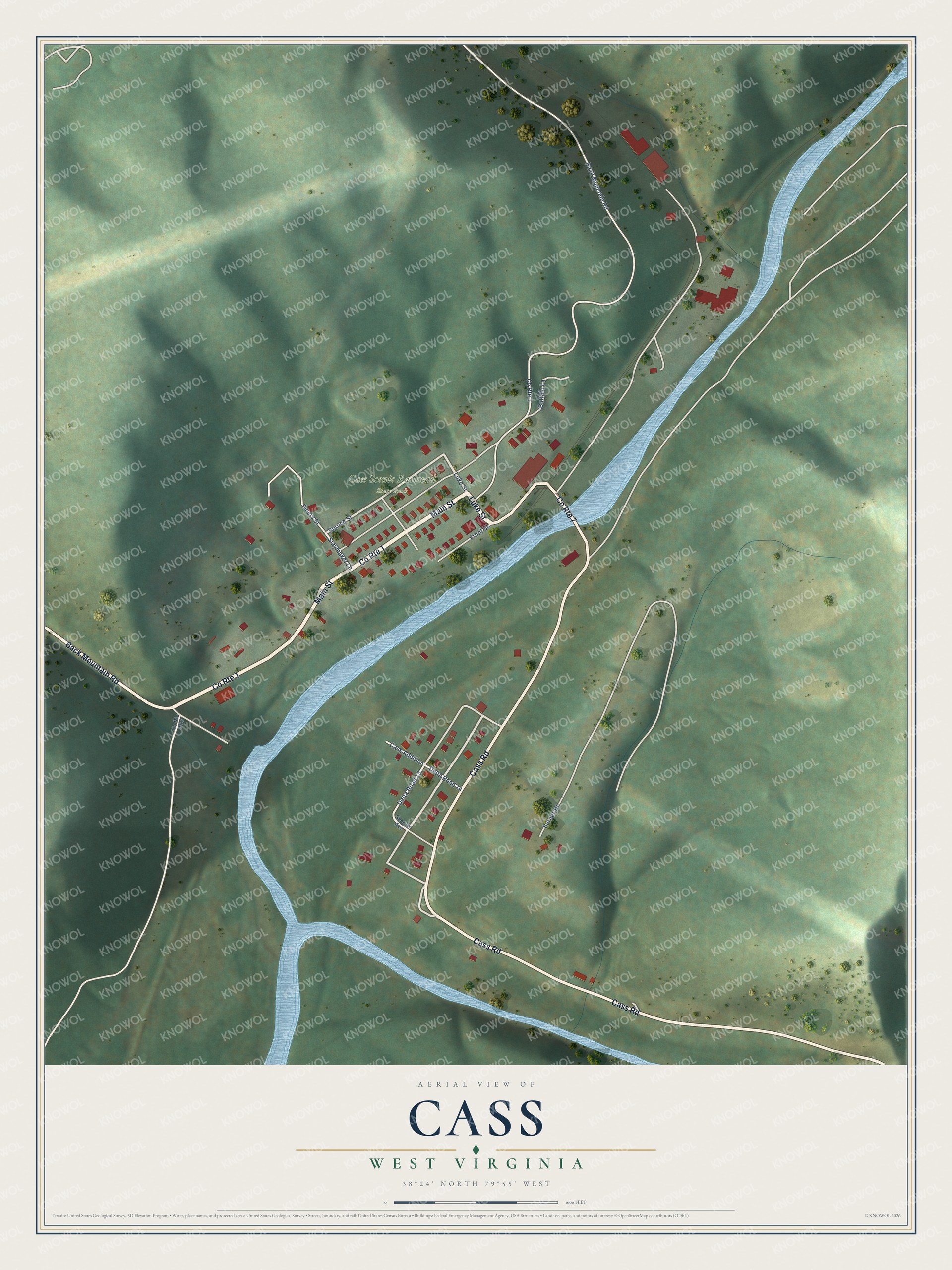 Full map of Cass, West Virginia, with red buildings, printed street names and the land around them
