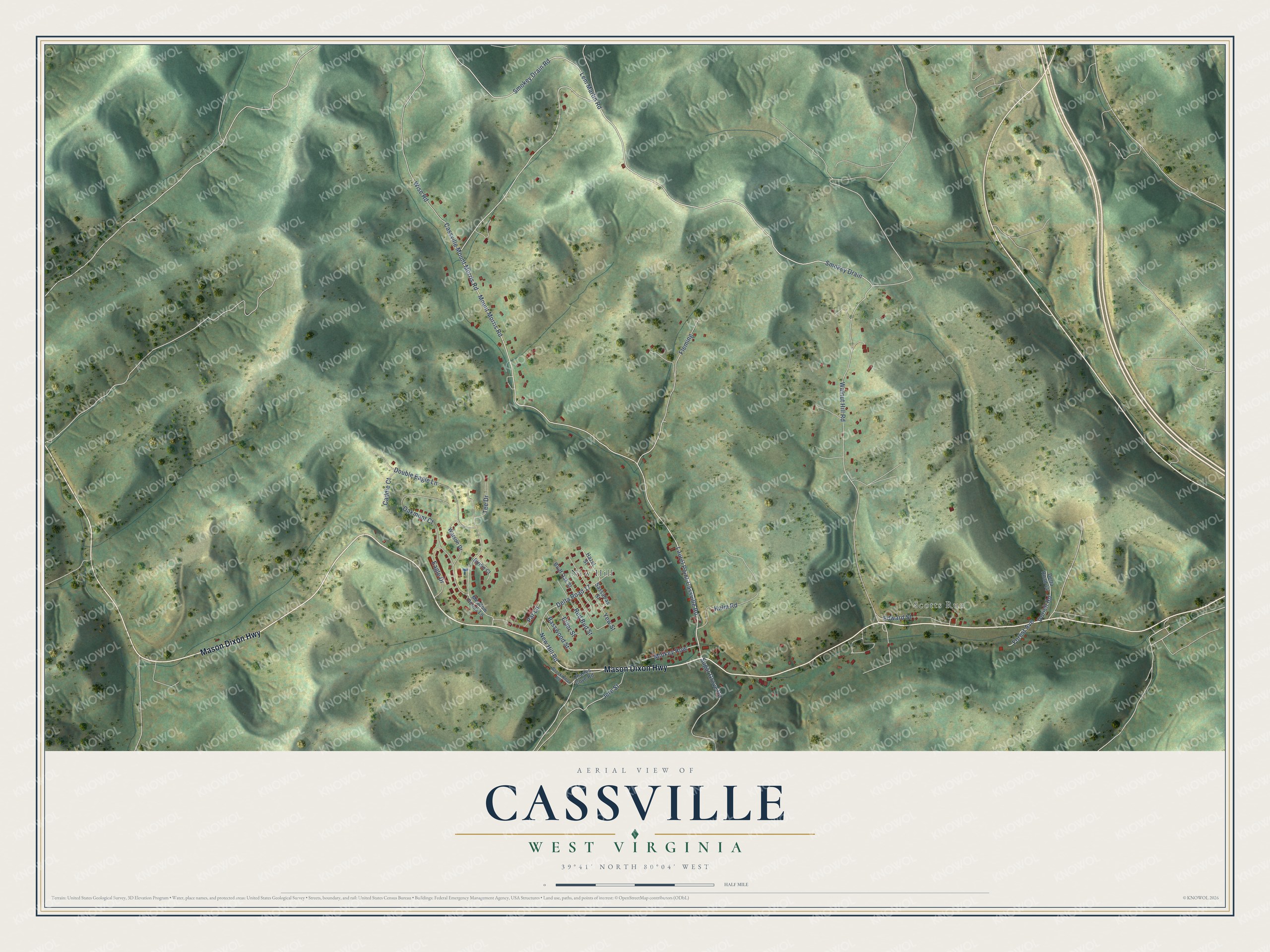 Full map of Cassville, West Virginia, with red buildings, printed street names and the land around them