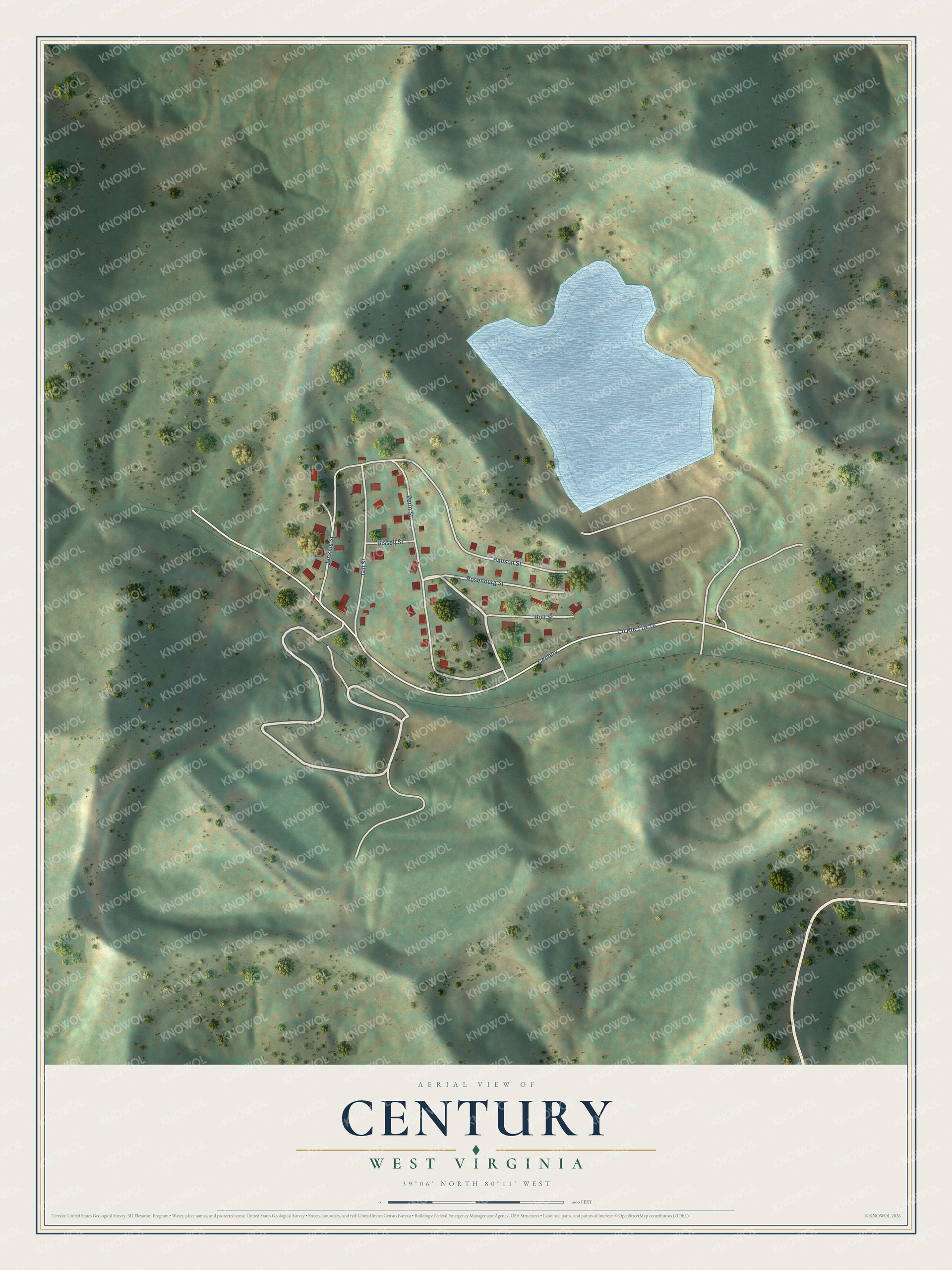 Full map of Century, West Virginia, with red buildings, printed street names and the land around them