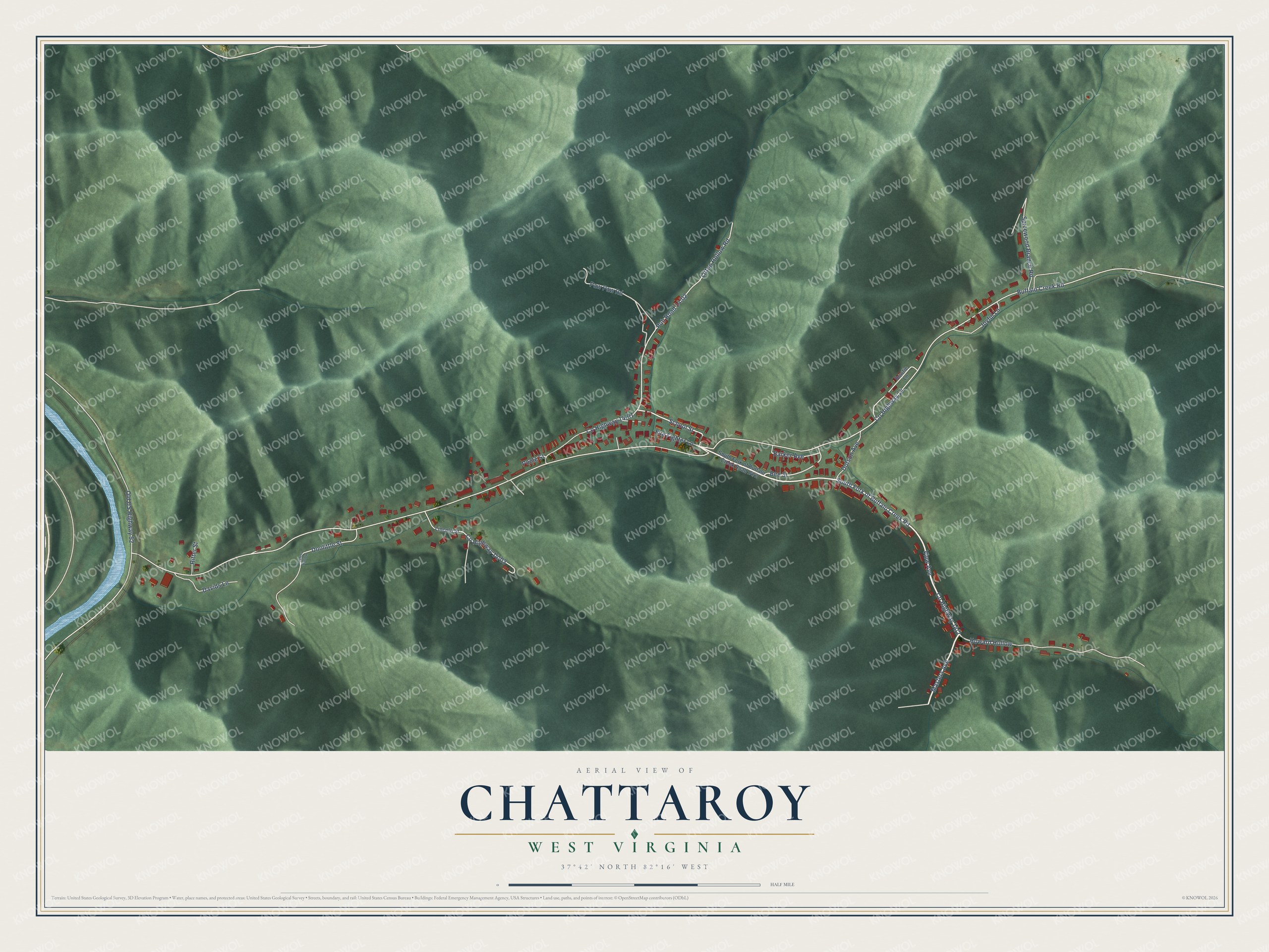 Full map of Chattaroy, West Virginia, with red buildings, printed street names and the land around them