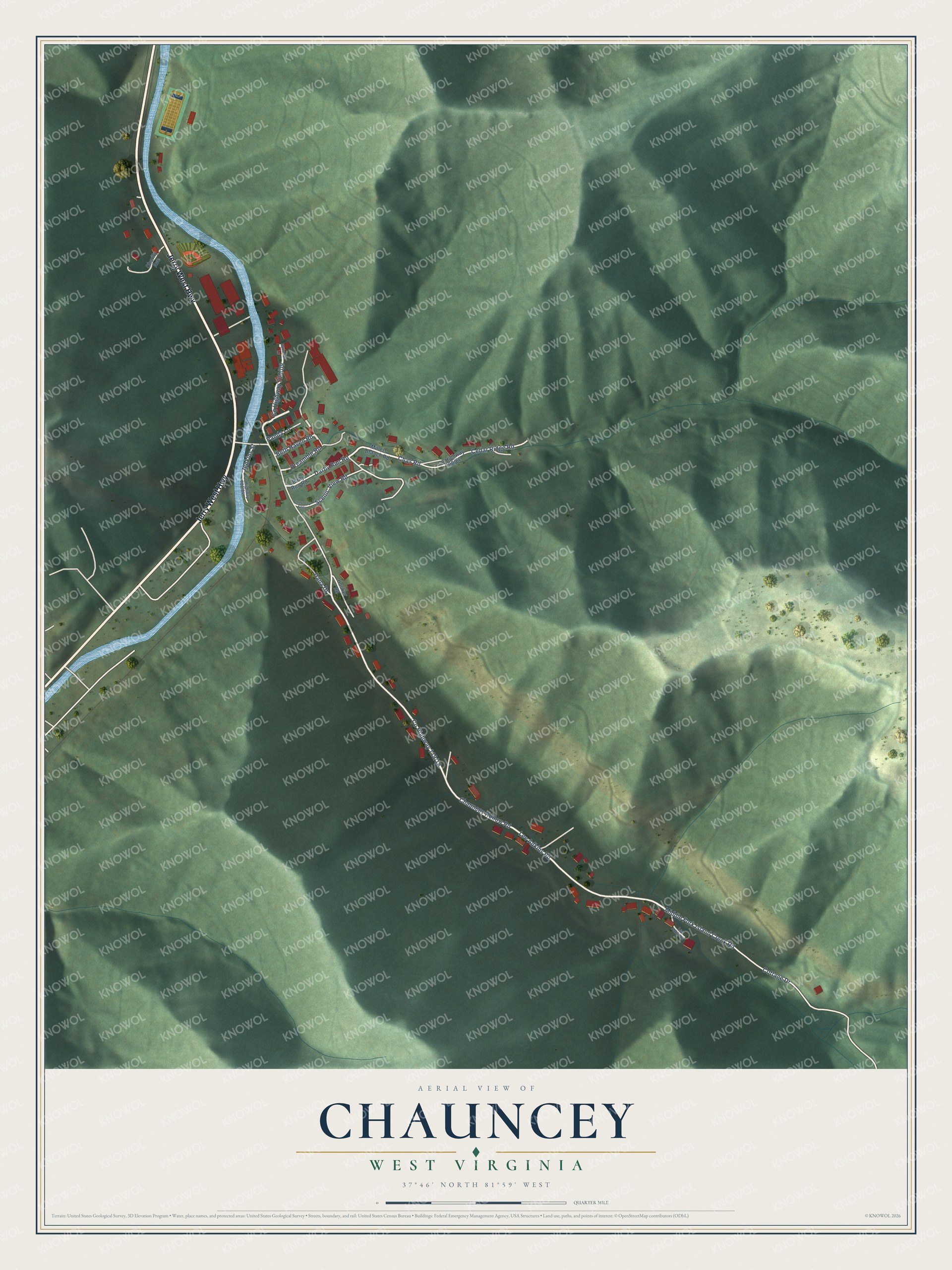 Full map of Chauncey, West Virginia, with red buildings, printed street names and the land around them