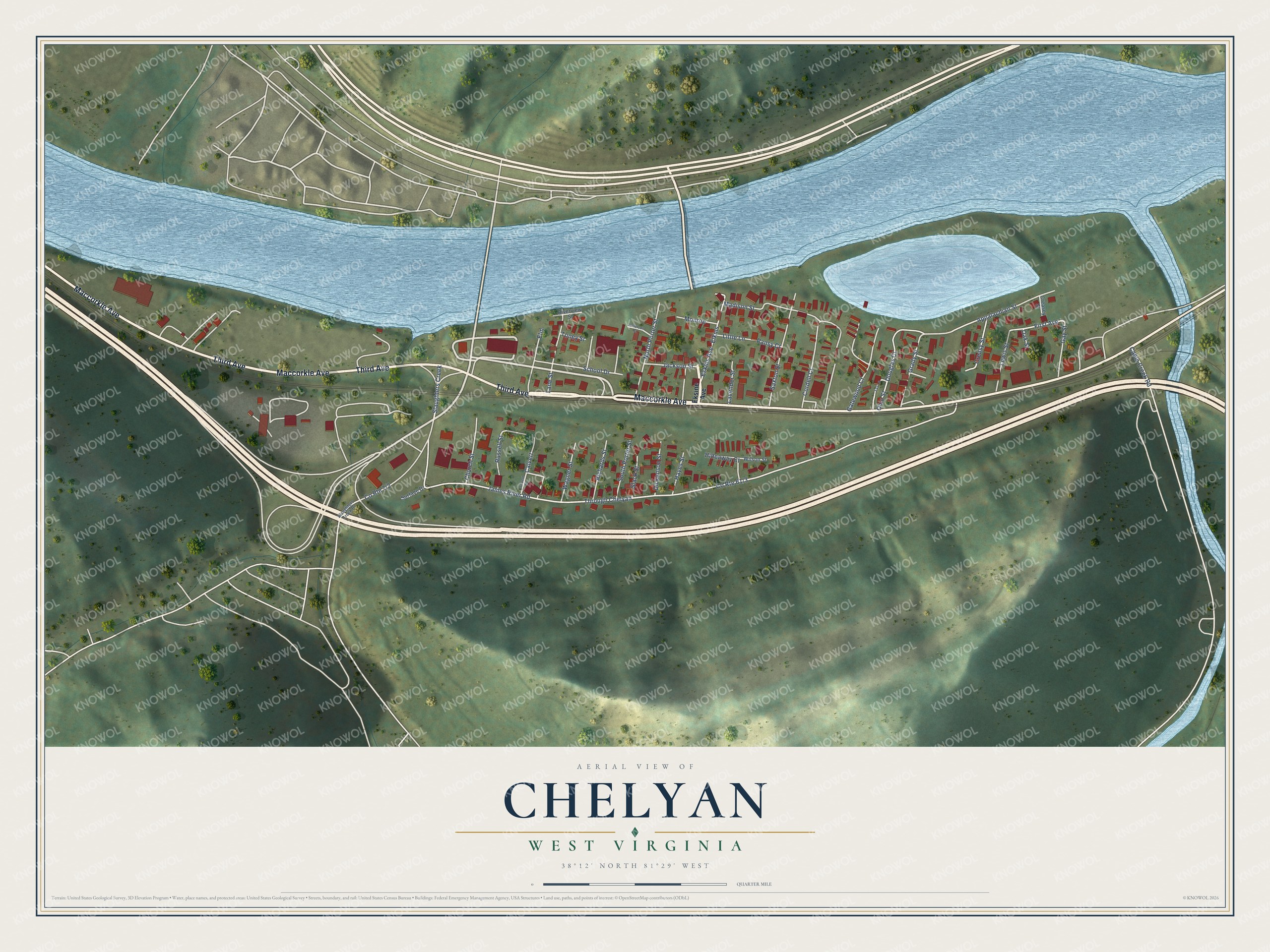 Full map of Chelyan, West Virginia, with red buildings, printed street names and the land around them