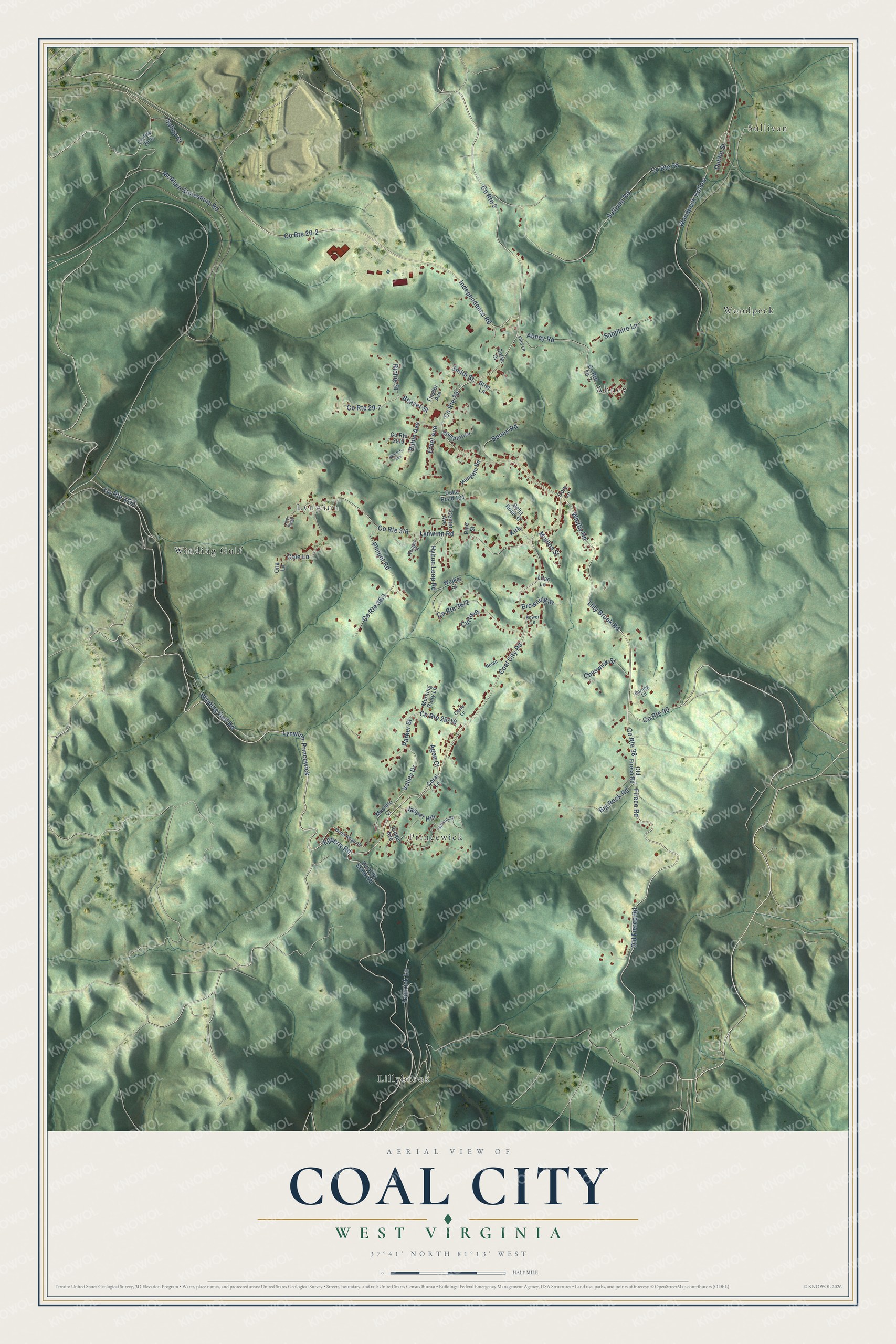 Full map of Coal City, West Virginia, with red buildings, printed street names and the land around them