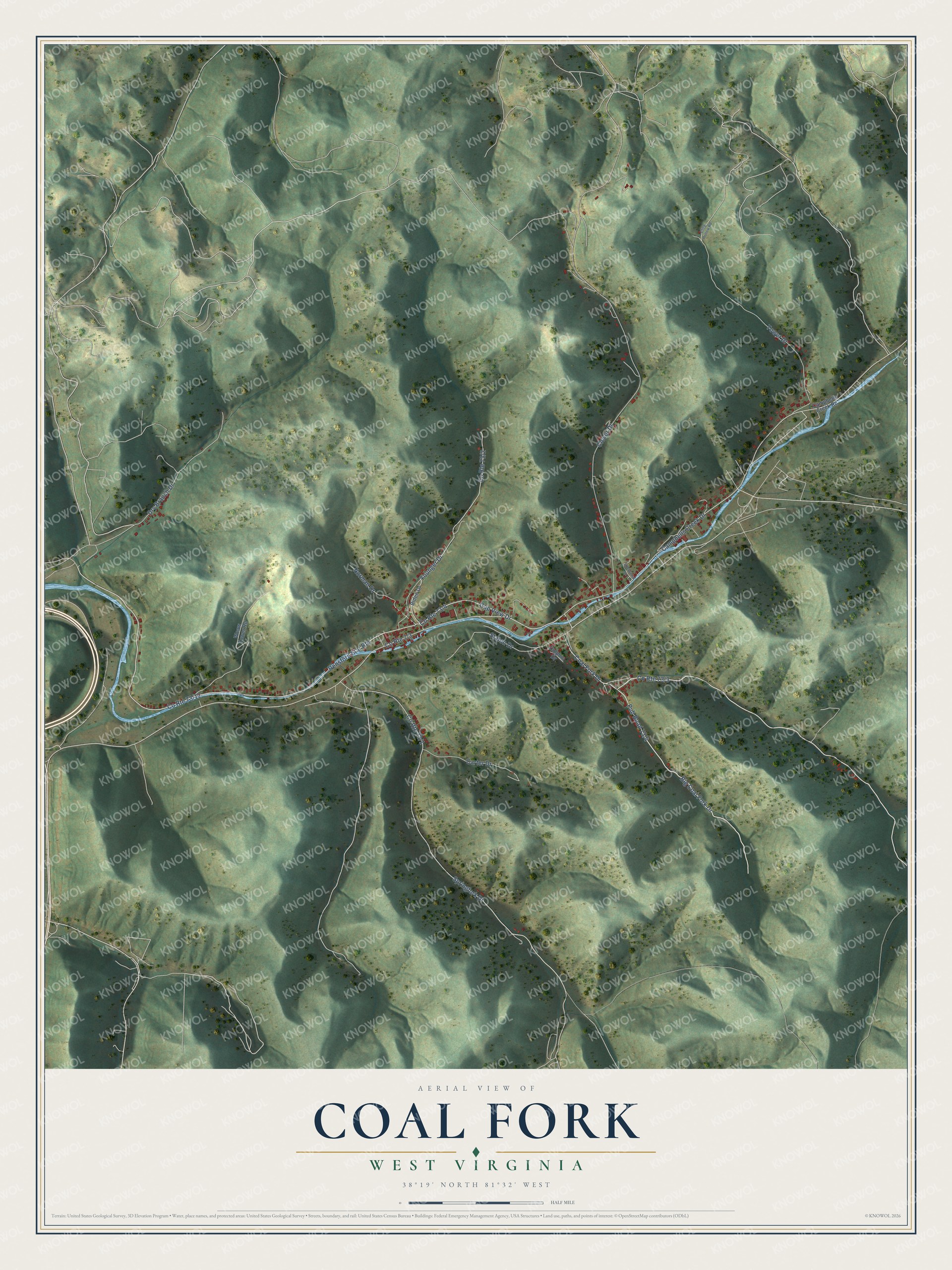 Full map of Coal Fork, West Virginia, with red buildings, printed street names and the land around them