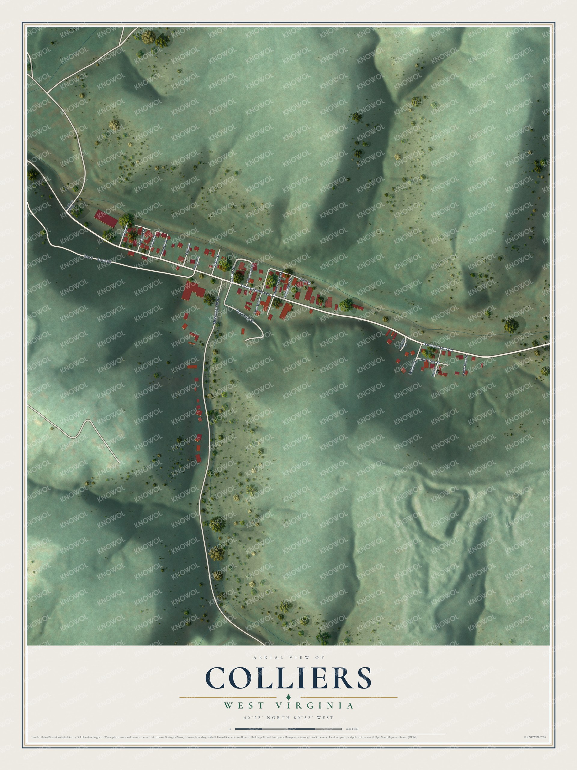 Full map of Colliers, West Virginia, with red buildings, printed street names and the land around them