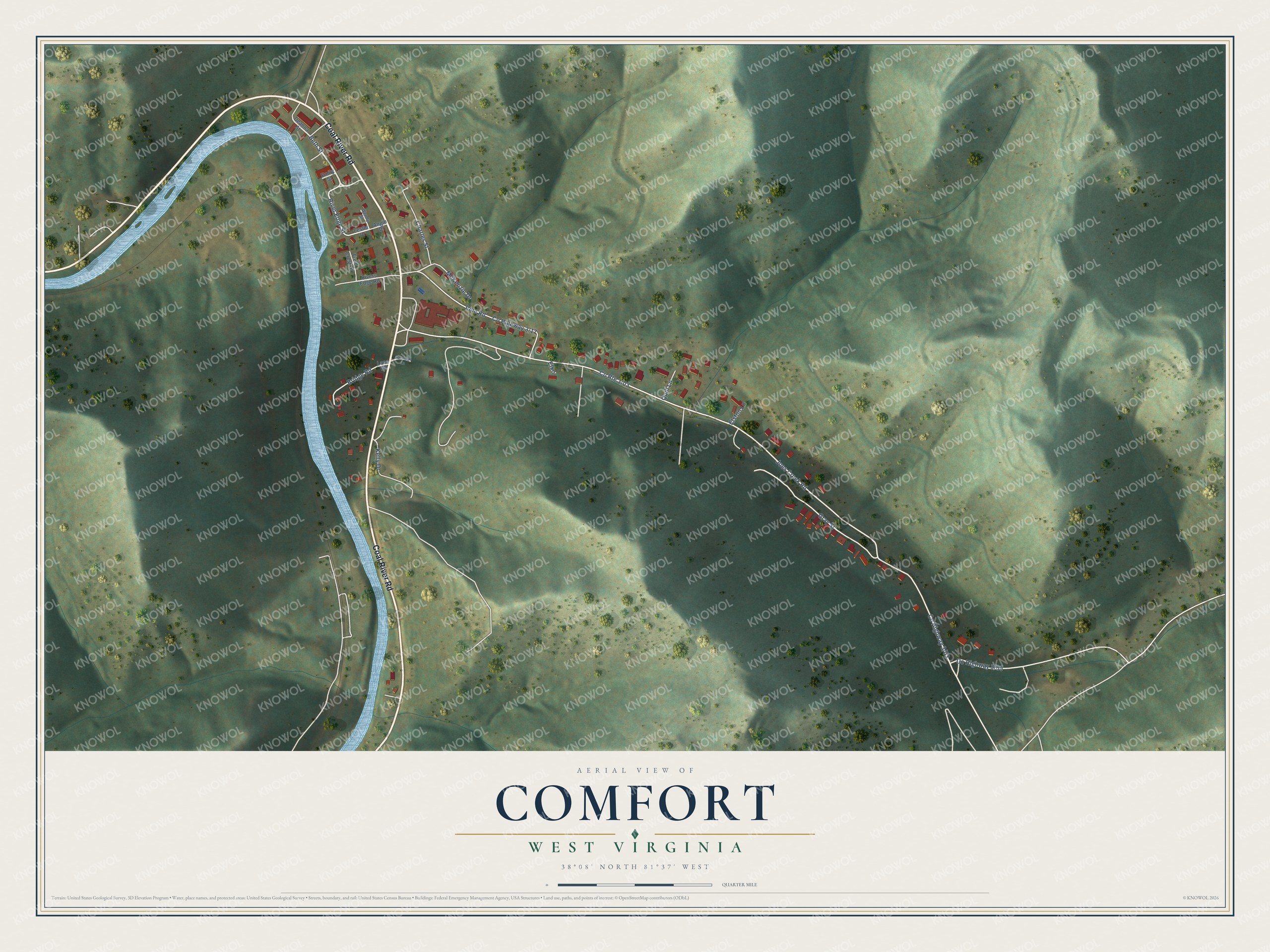 Full map of Comfort, West Virginia, with red buildings, printed street names and the land around them