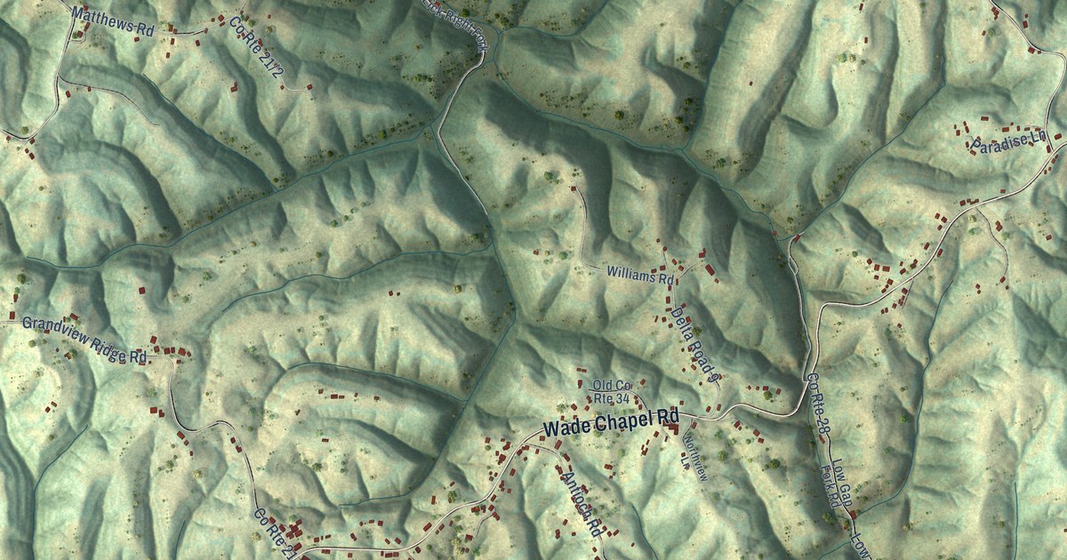 Close-up of streets and buildings in Confidence, West Virginia
