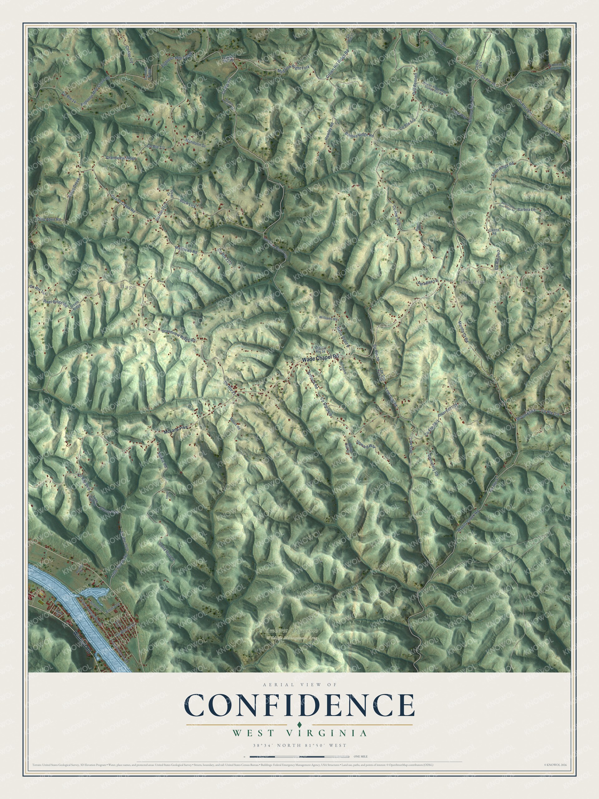 Full map of Confidence, West Virginia, with red buildings, printed street names and the land around them