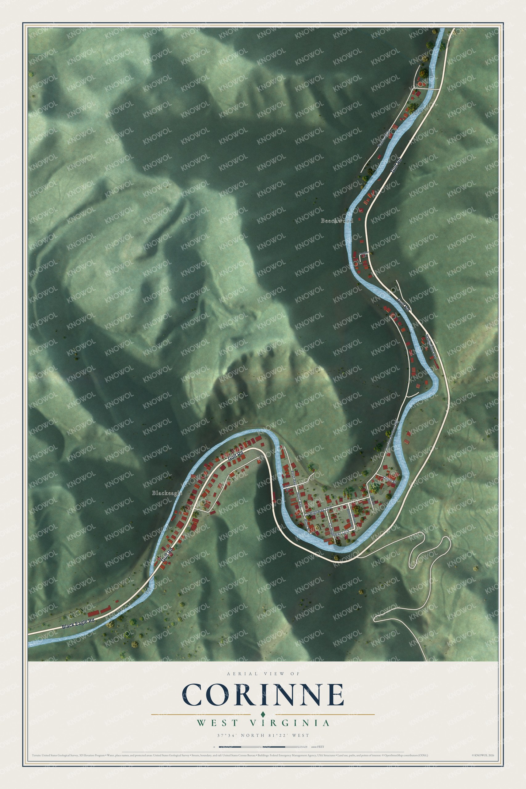Full map of Corinne, West Virginia, with red buildings, printed street names and the land around them