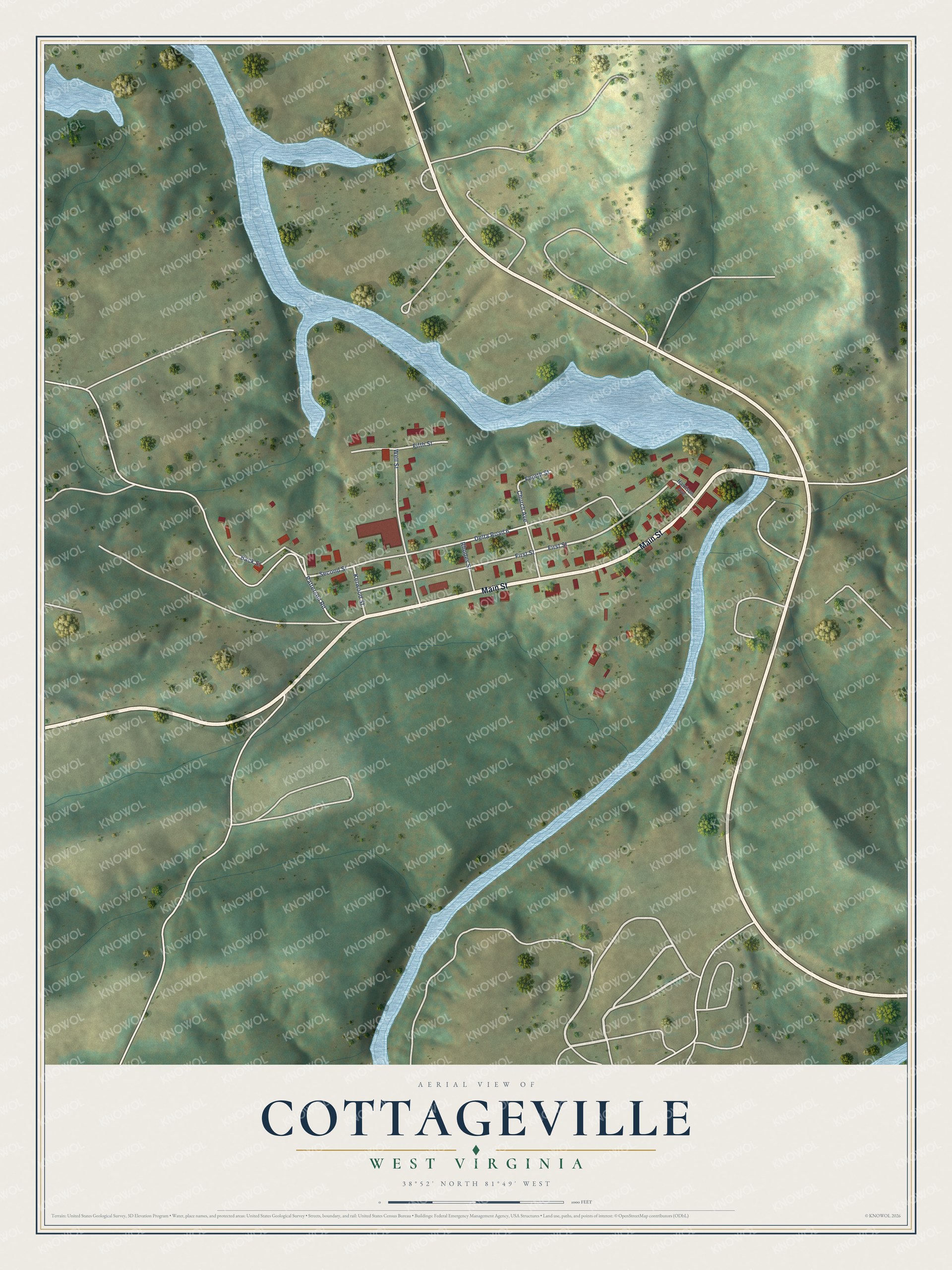 Full map of Cottageville, West Virginia, with red buildings, printed street names and the land around them
