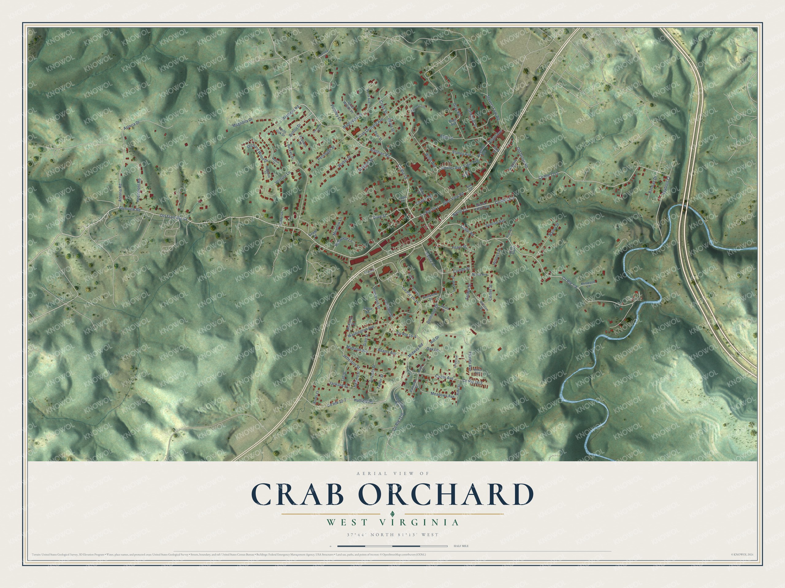 Full map of Crab Orchard, West Virginia, with red buildings, printed street names and the land around them