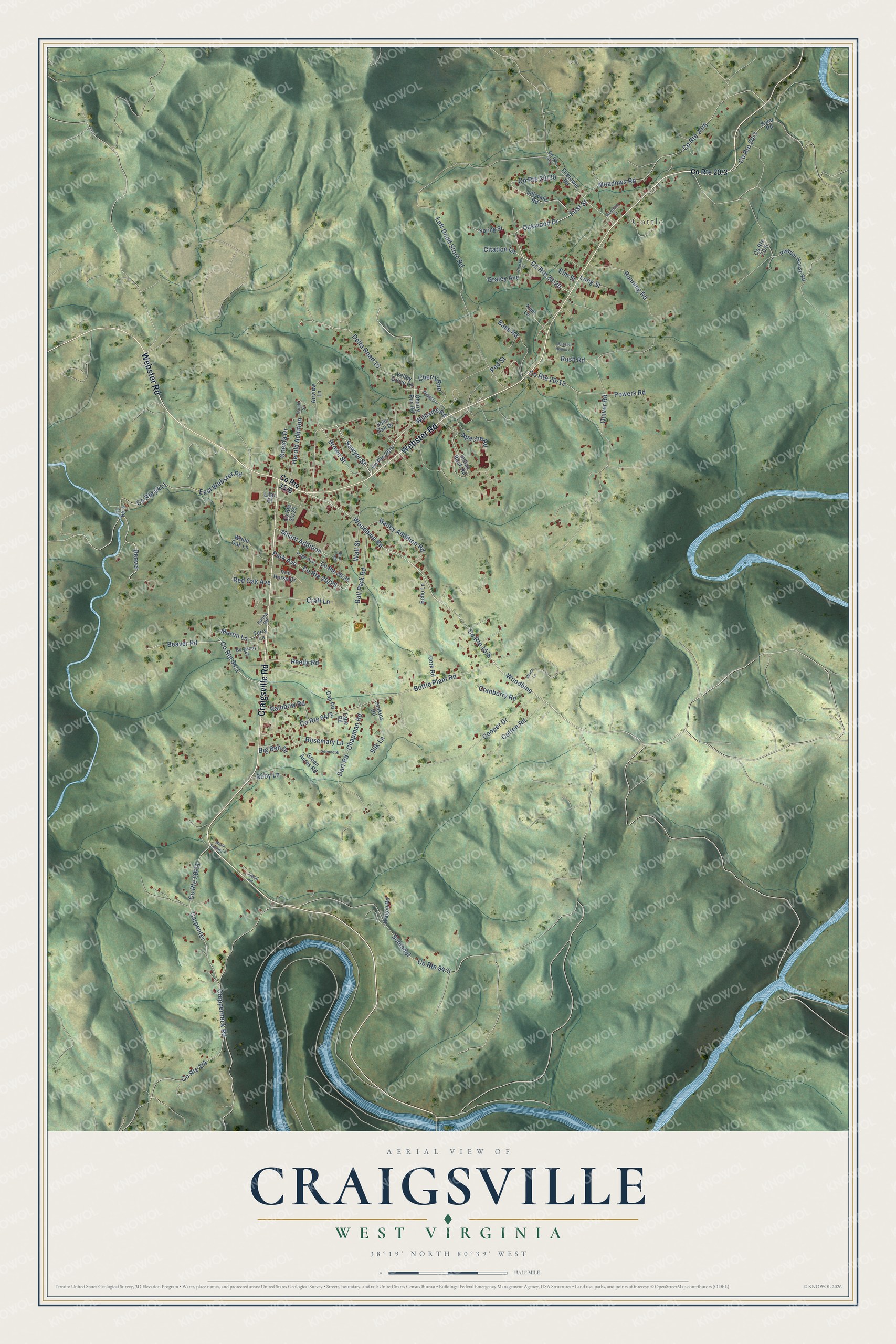 Full map of Craigsville, West Virginia, with red buildings, printed street names and the land around them
