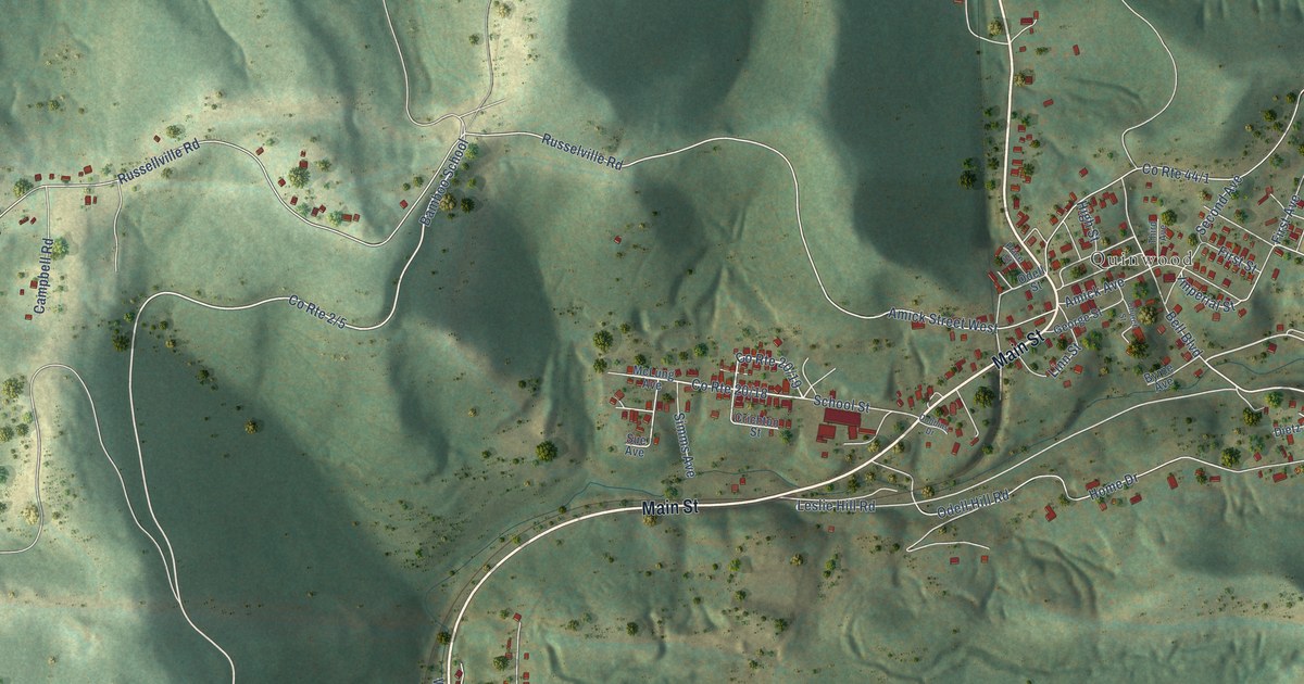 Close-up of streets and buildings in Crichton, West Virginia