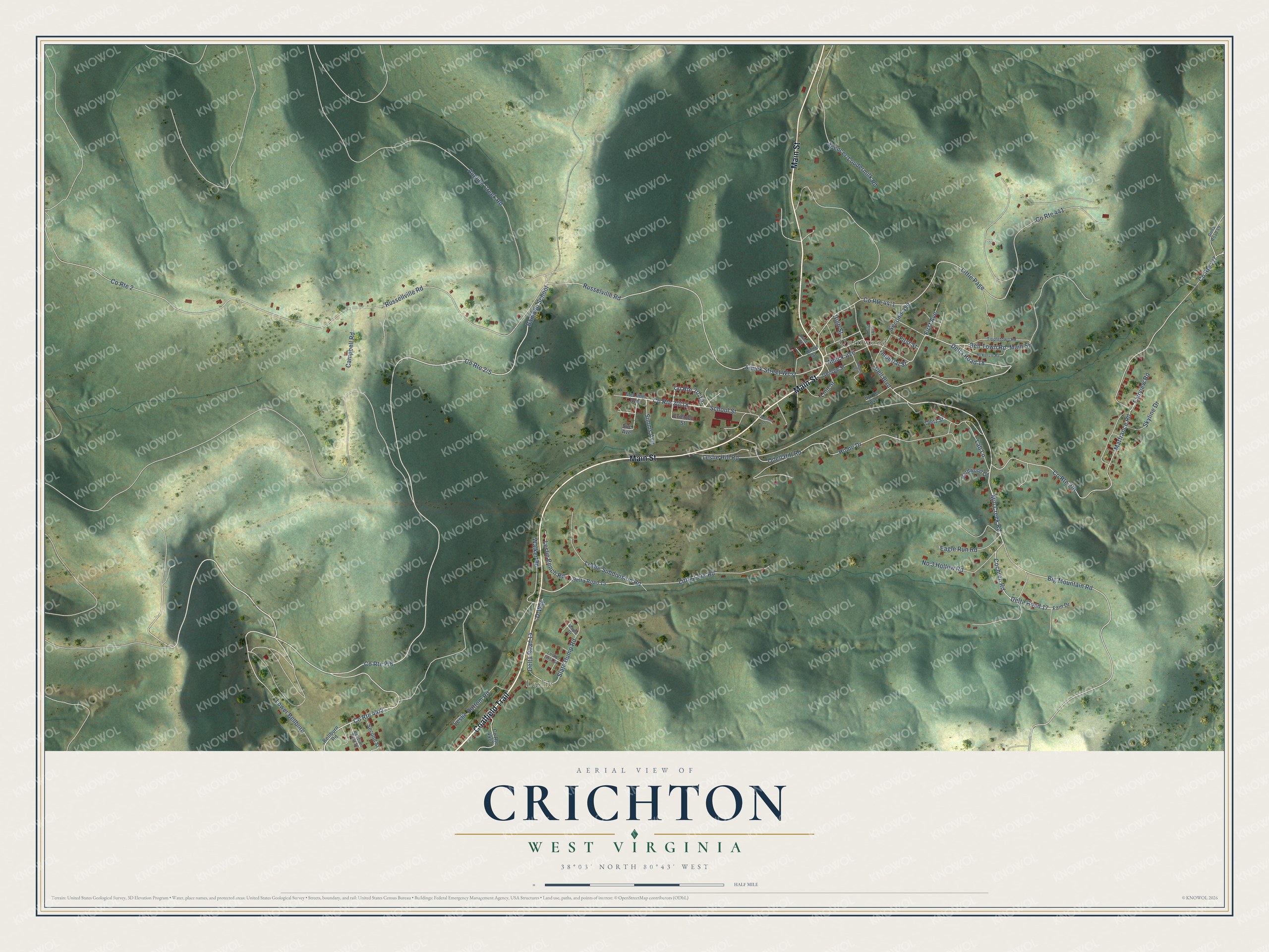 Full map of Crichton, West Virginia, with red buildings, printed street names and the land around them